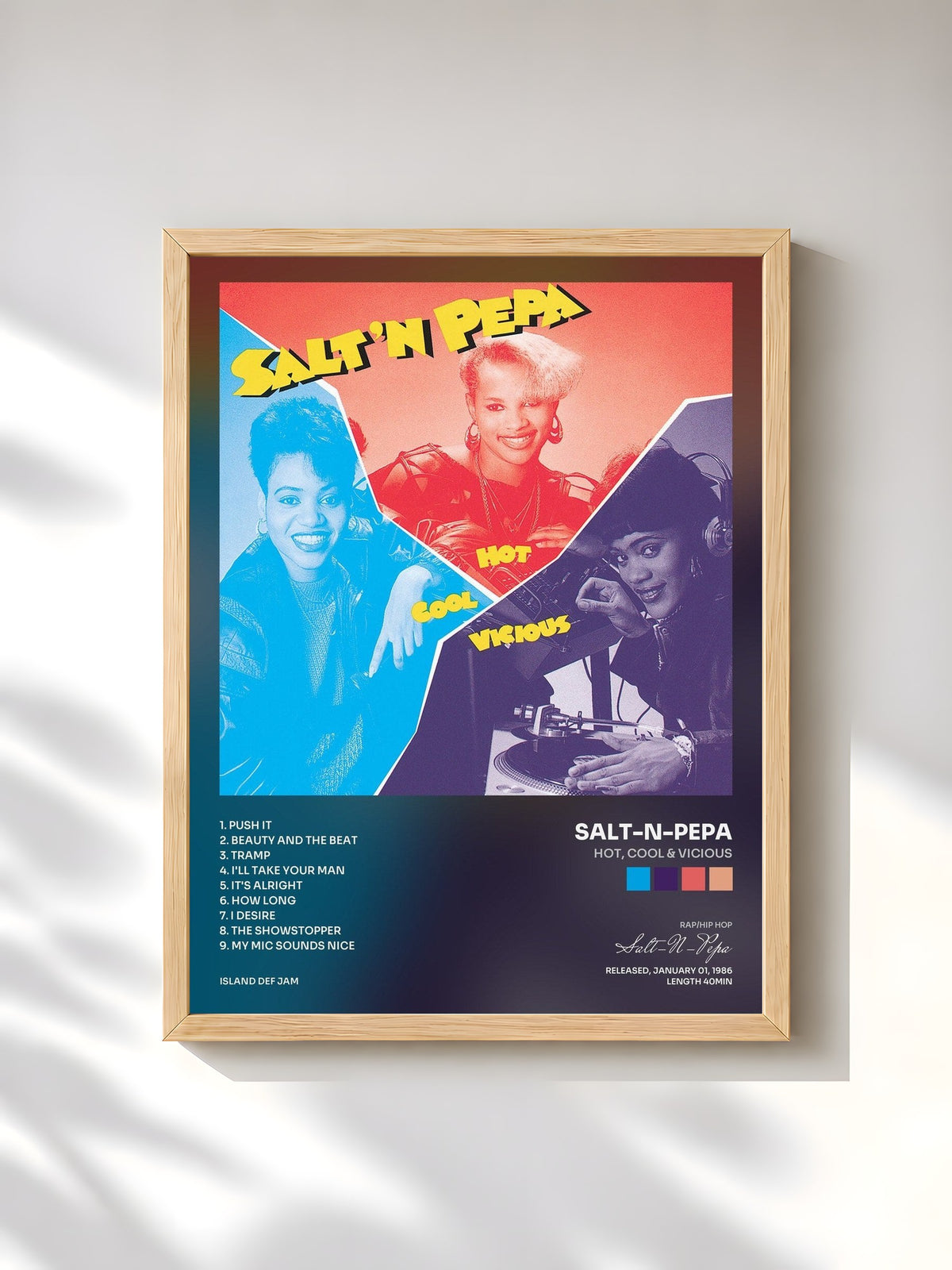 #bois Tableau de l'album Hot, Cool & Vicious de Salt-N-Pepa, cadre en bois brut, imprimé et encadré en France