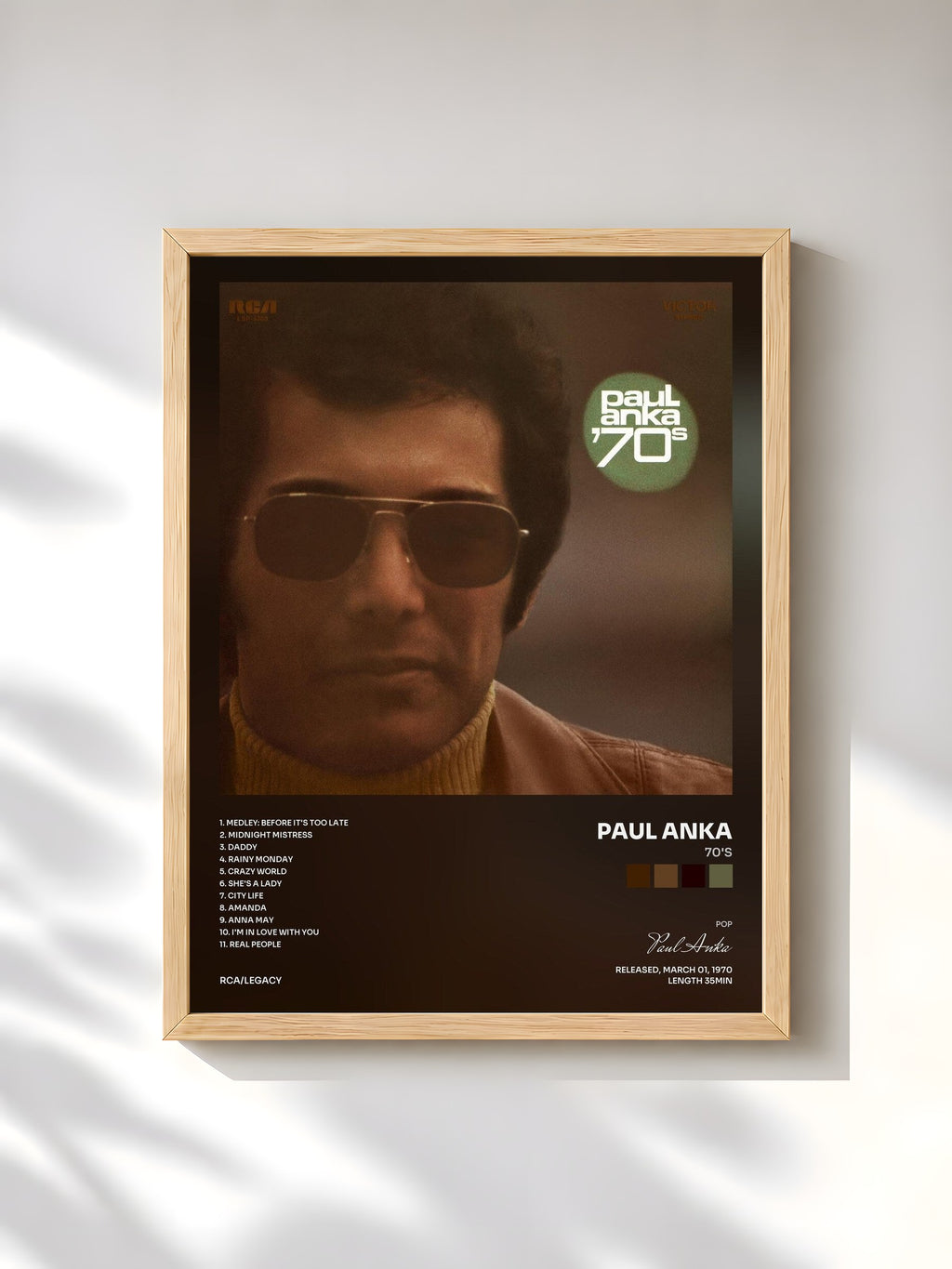 #bois Tableau de l'album 70's de Paul Anka, cadre en bois brut, imprimé et encadré en France