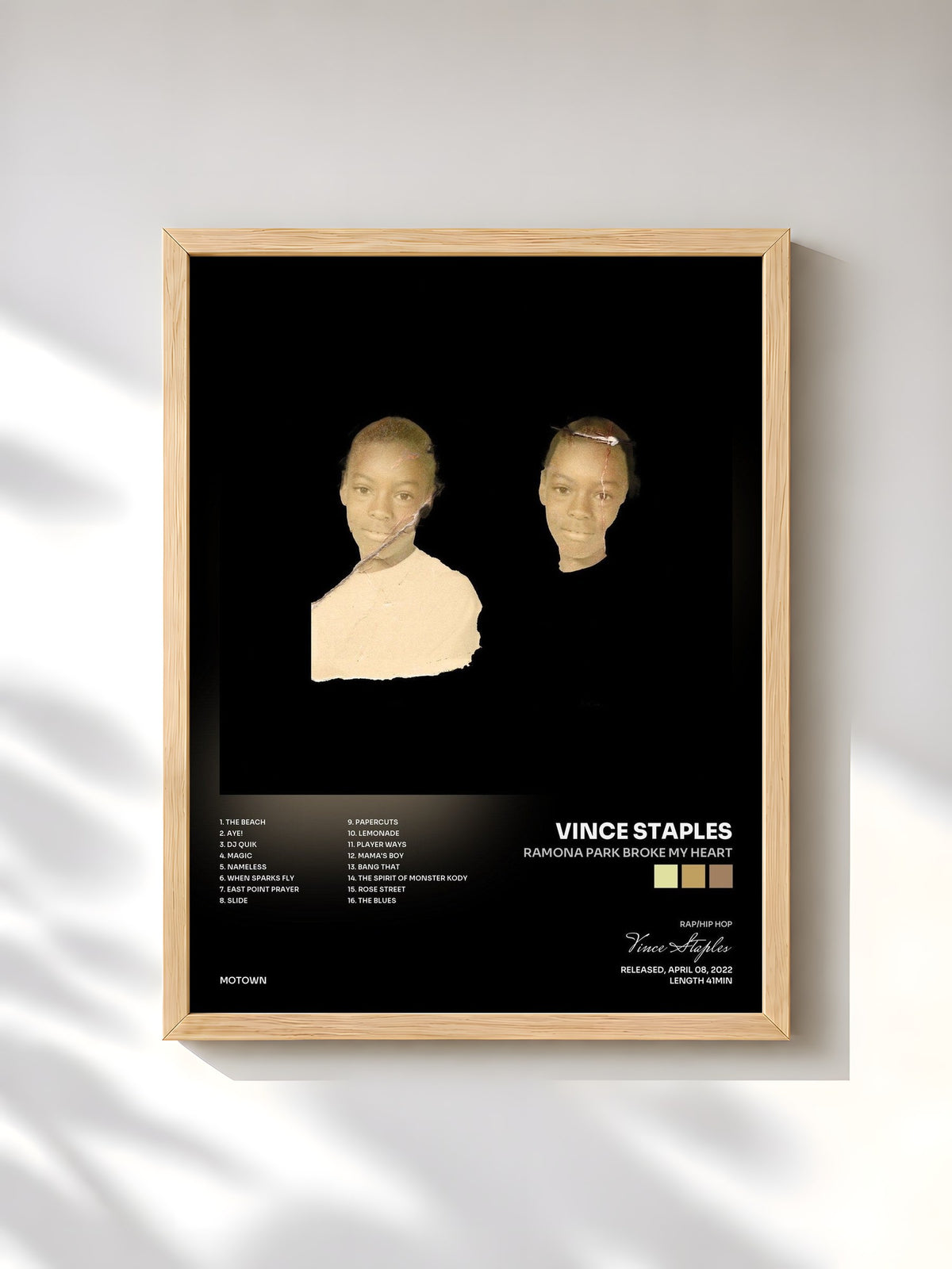 #bois Tableau de l'album RAMONA PARK BROKE MY HEART de Vince Staples, cadre en bois brut, imprimé et encadré en France