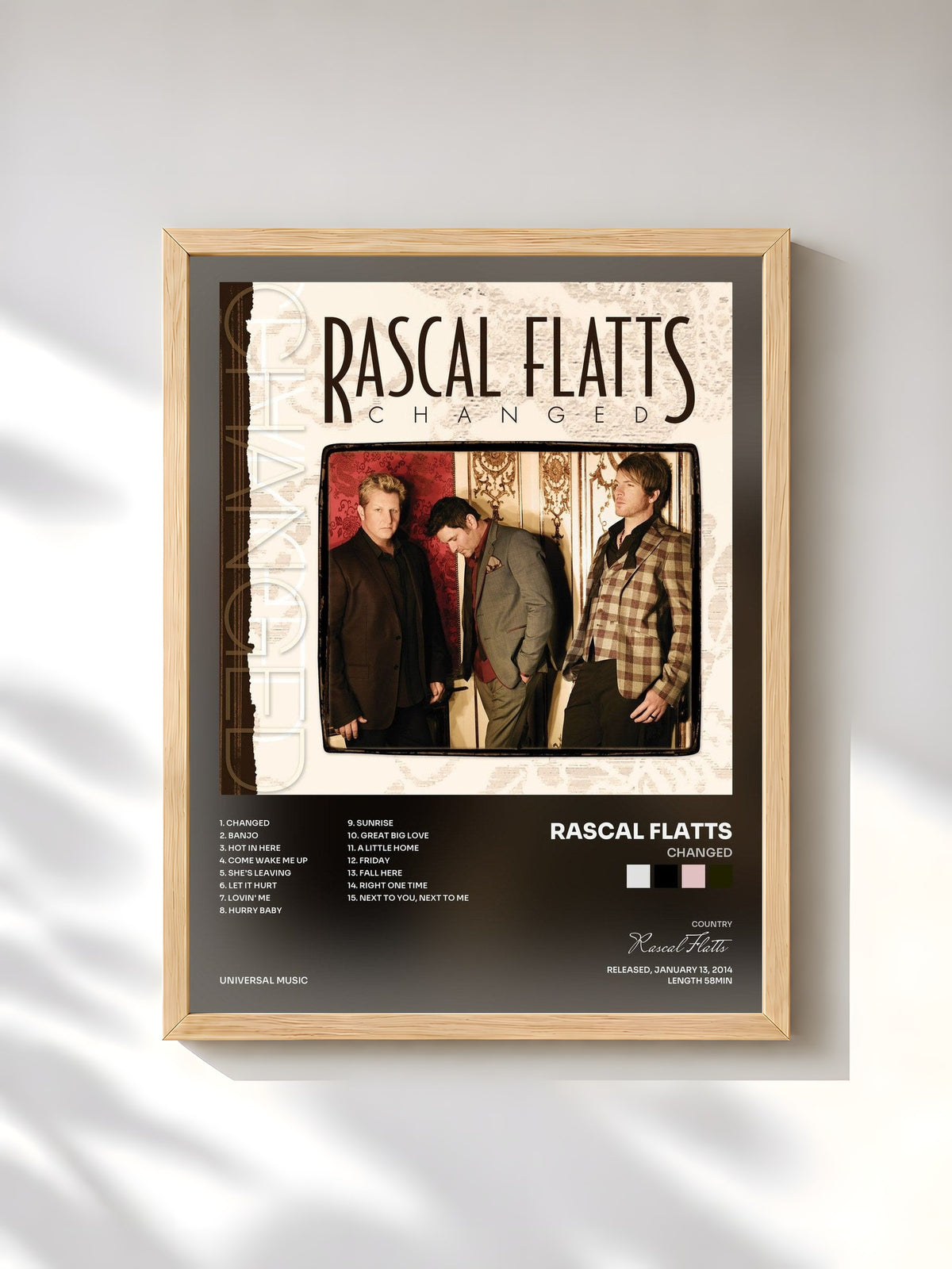 #bois Tableau de l'album Changed de Rascal Flatts, cadre en bois brut, imprimé et encadré en France