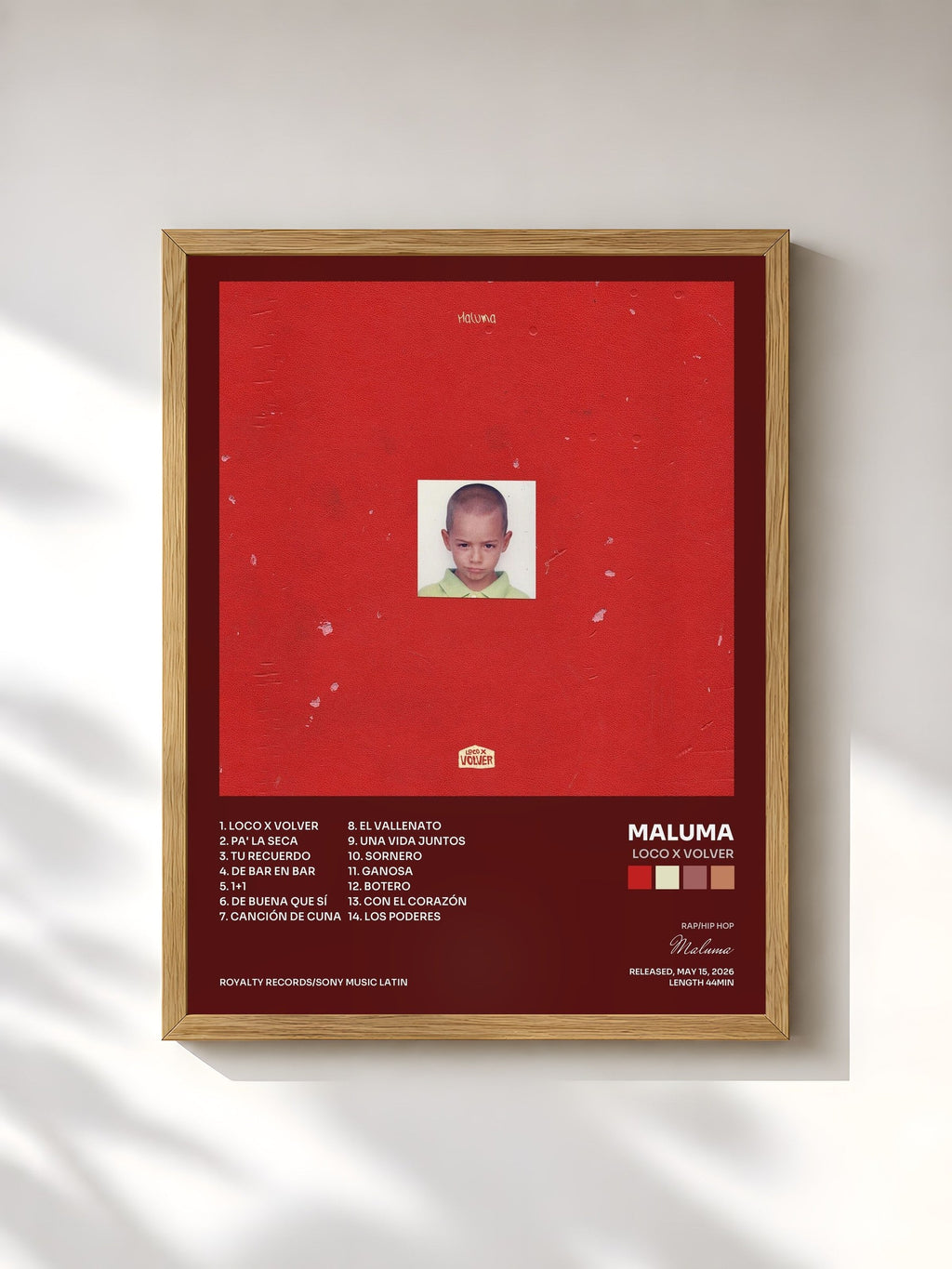 #bois Tableau de l'album Loco X Volver de Maluma, cadre en bois brut, imprimé et encadré en France