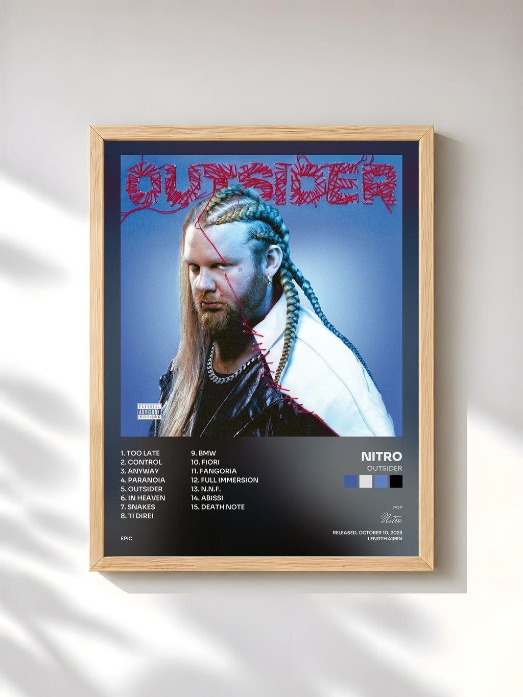 #bois Tableau de l'album OUTSIDER de Nitro, cadre en bois brut, imprimé et encadré en France