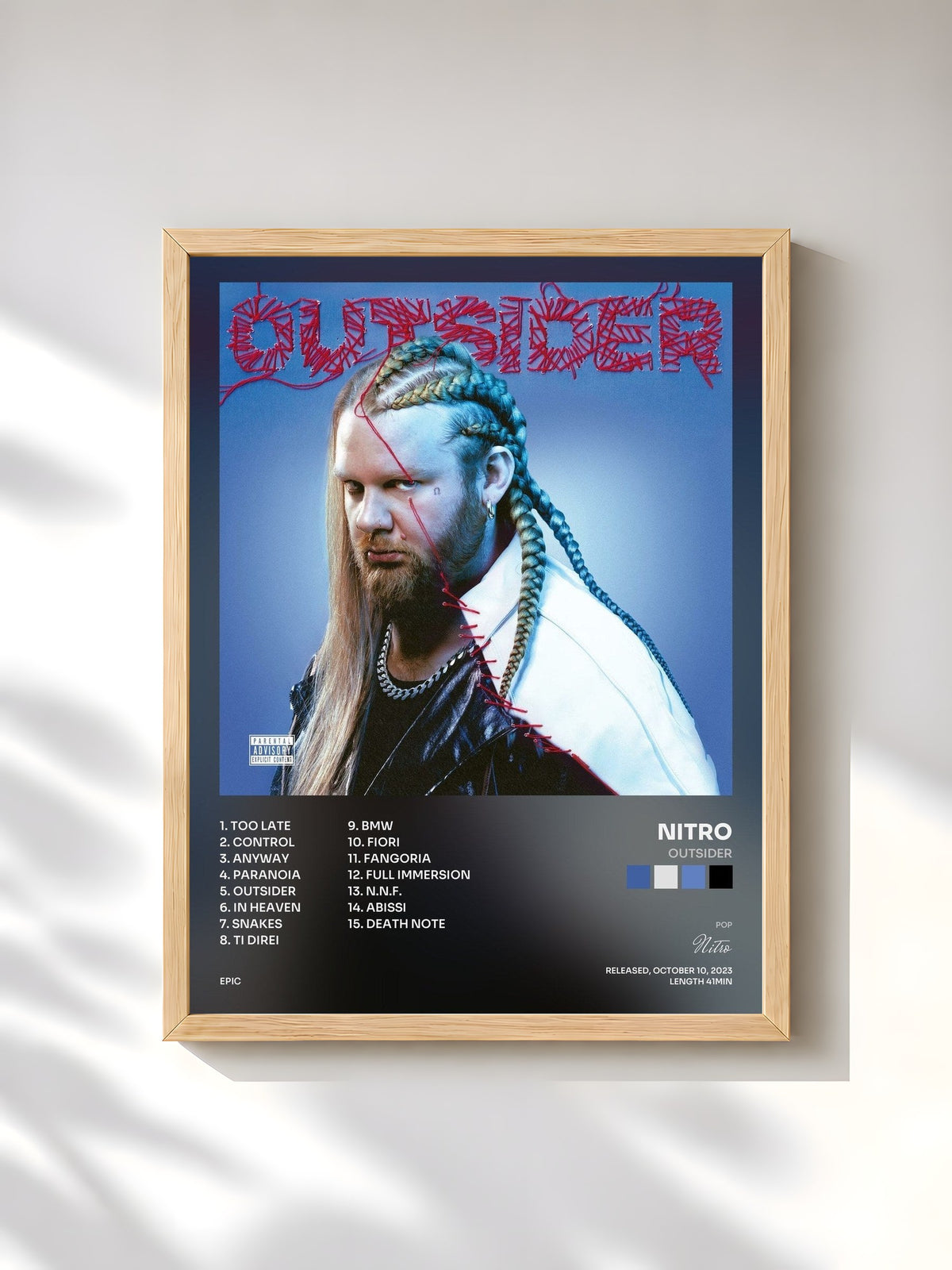 #bois Tableau de l'album OUTSIDER de Nitro, cadre en bois brut, imprimé et encadré en France
