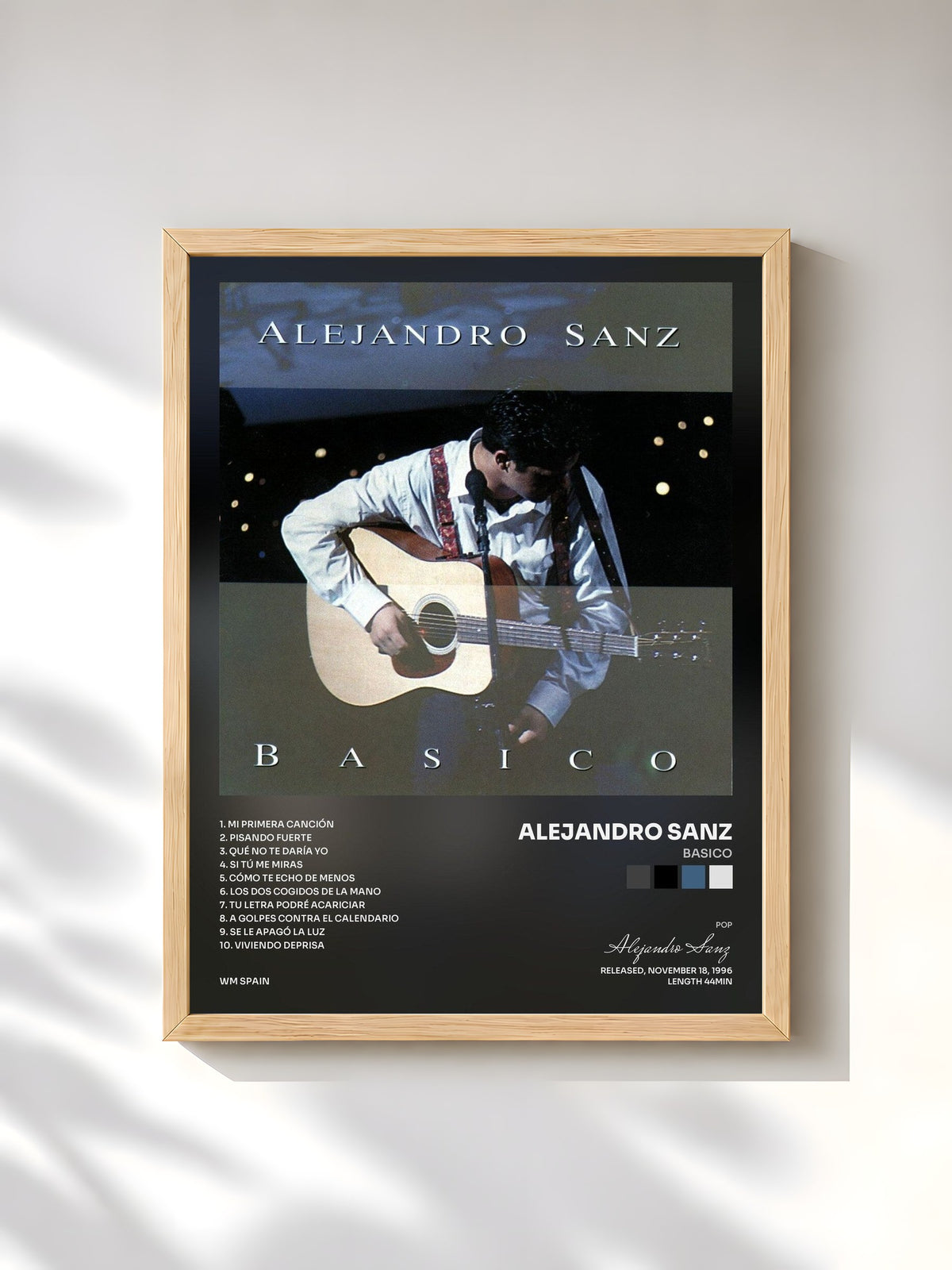 #bois Tableau de l'album Basico de Alejandro Sanz, cadre en bois brut, imprimé et encadré en France