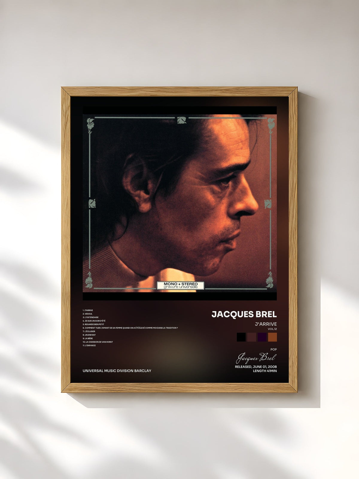#bois Tableau de l'album J'Arrive (Vol.12) de Jacques Brel, cadre en bois brut, imprimé et encadré en France