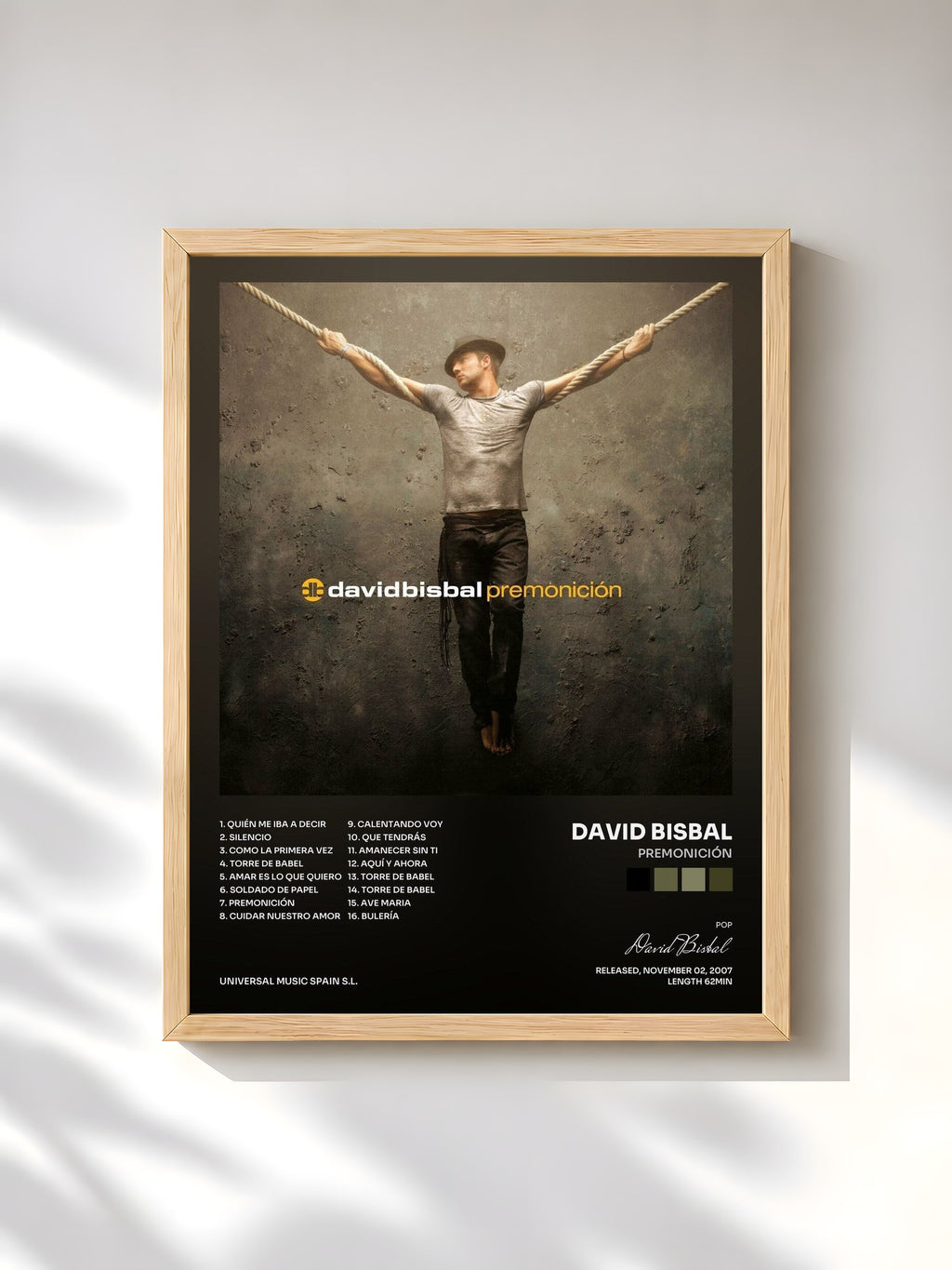 #bois Tableau de l'album Premonición de David Bisbal, cadre en bois brut, imprimé et encadré en France