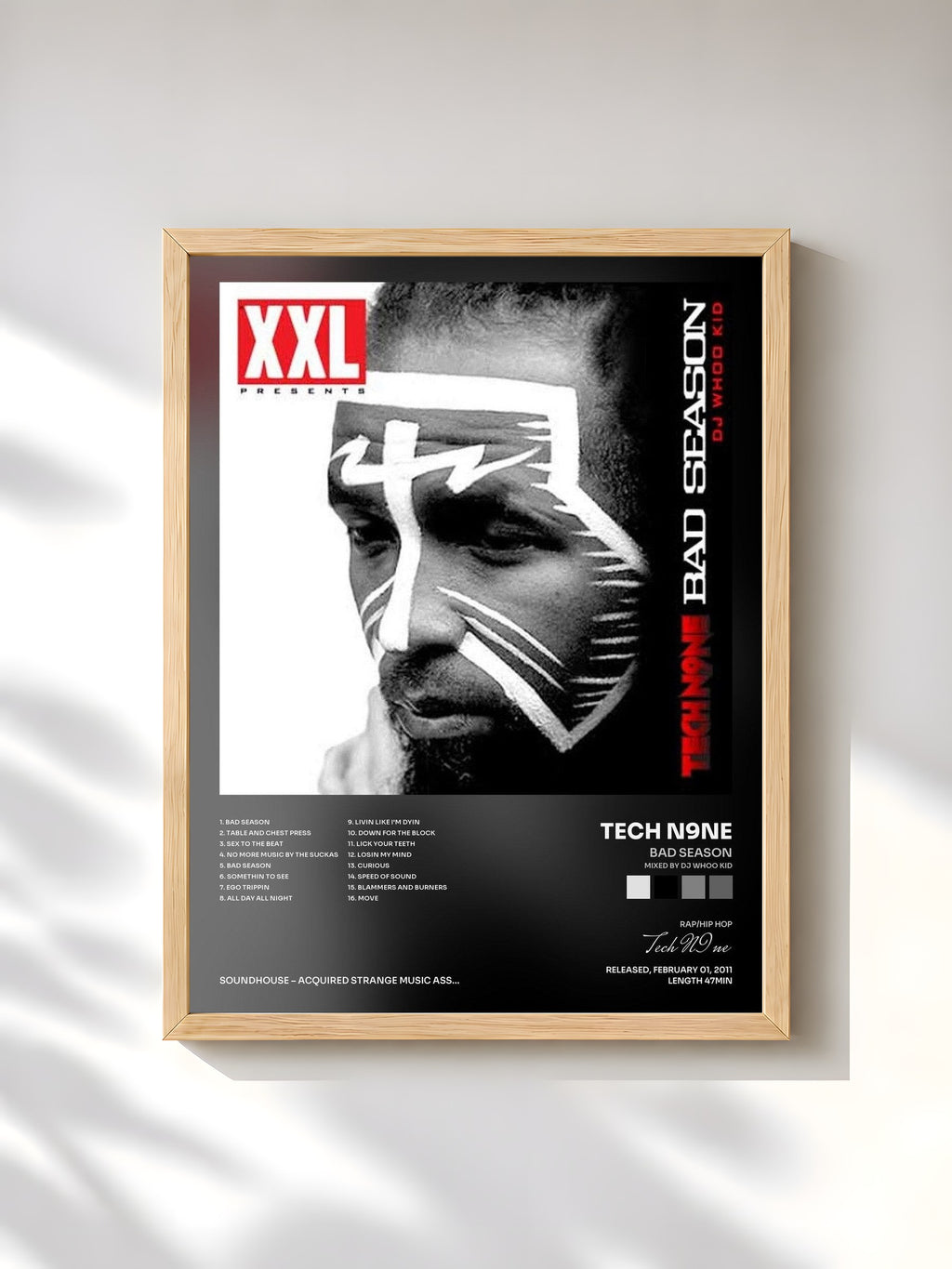 #bois Tableau de l'album Bad Season (Mixed By DJ Whoo Kid) de Tech N9ne, cadre en bois brut, imprimé et encadré en France