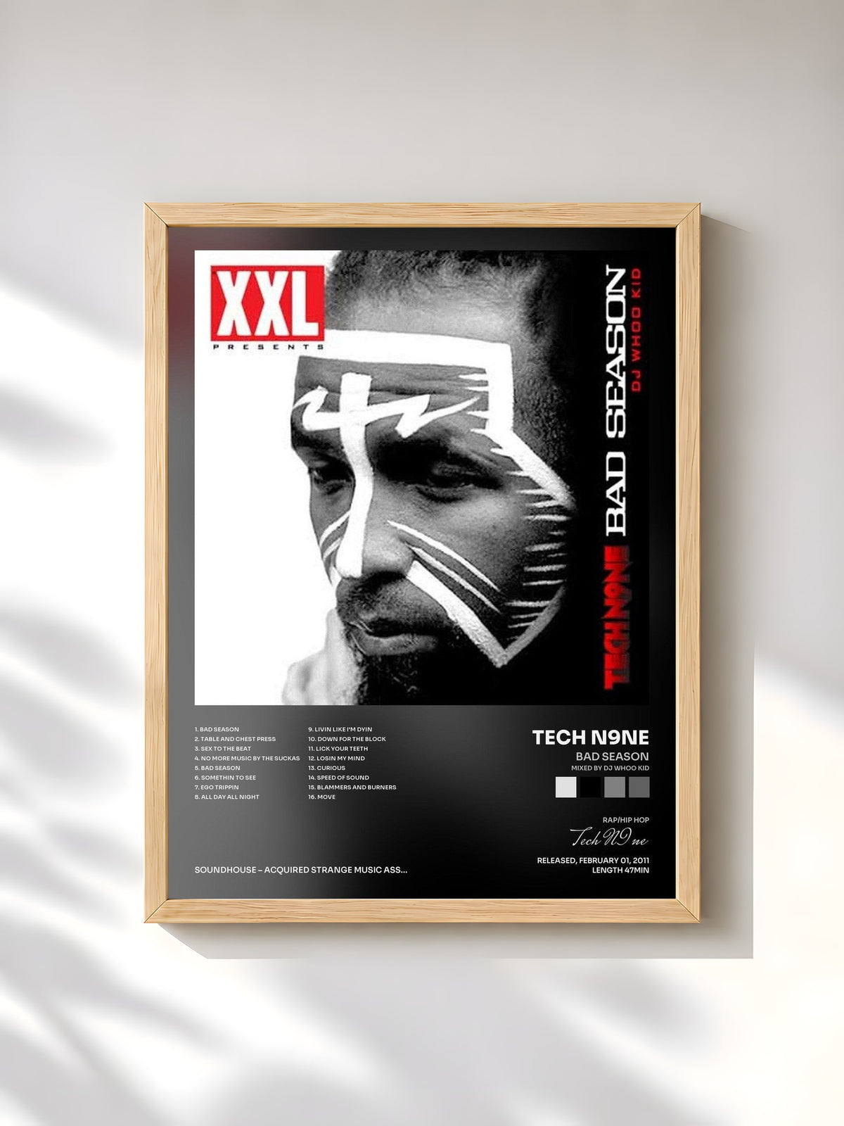 #bois Tableau de l'album Bad Season (Mixed By DJ Whoo Kid) de Tech N9ne, cadre en bois brut, imprimé et encadré en France