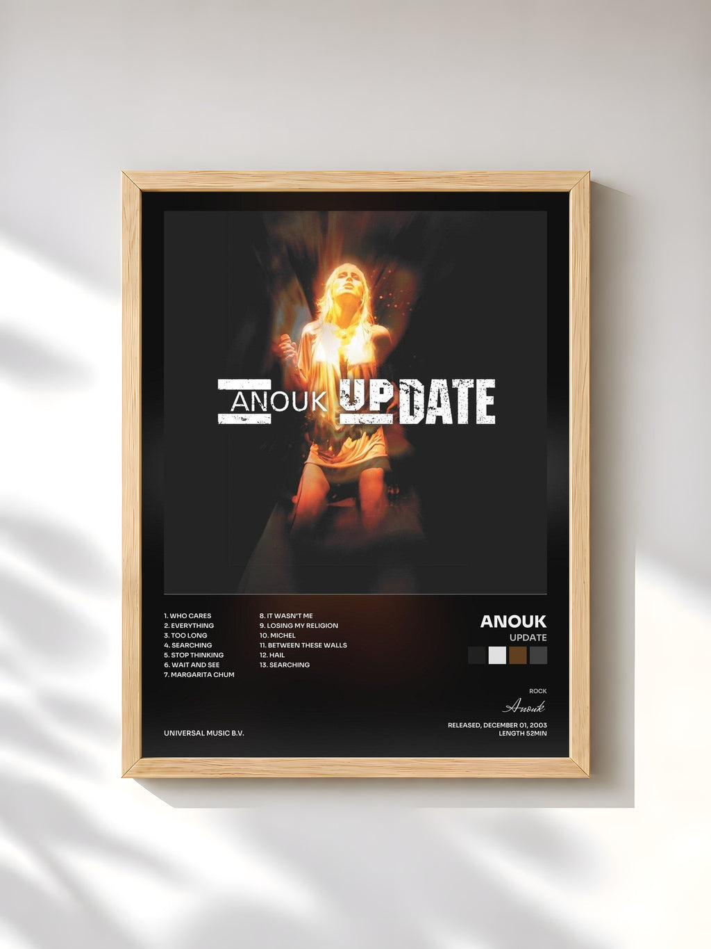#bois Tableau de l'album Update de Anouk, cadre en bois brut, imprimé et encadré en France