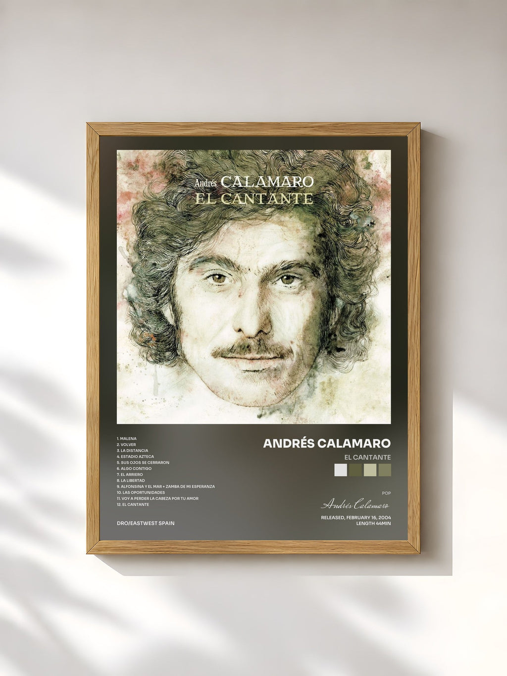 #bois Tableau de l'album El cantante de Andrés Calamaro, cadre en bois brut, imprimé et encadré en France