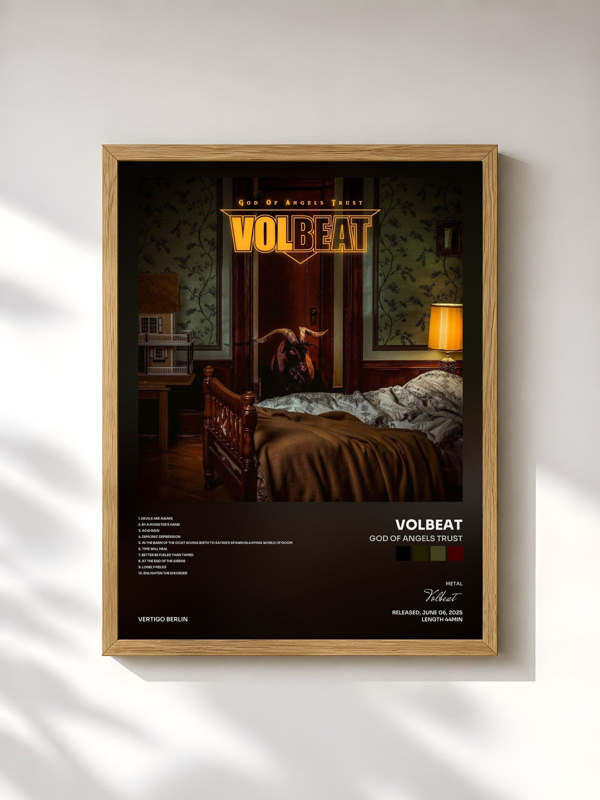 #bois Tableau de l'album God Of Angels Trust de Volbeat, cadre en bois brut, imprimé et encadré en France