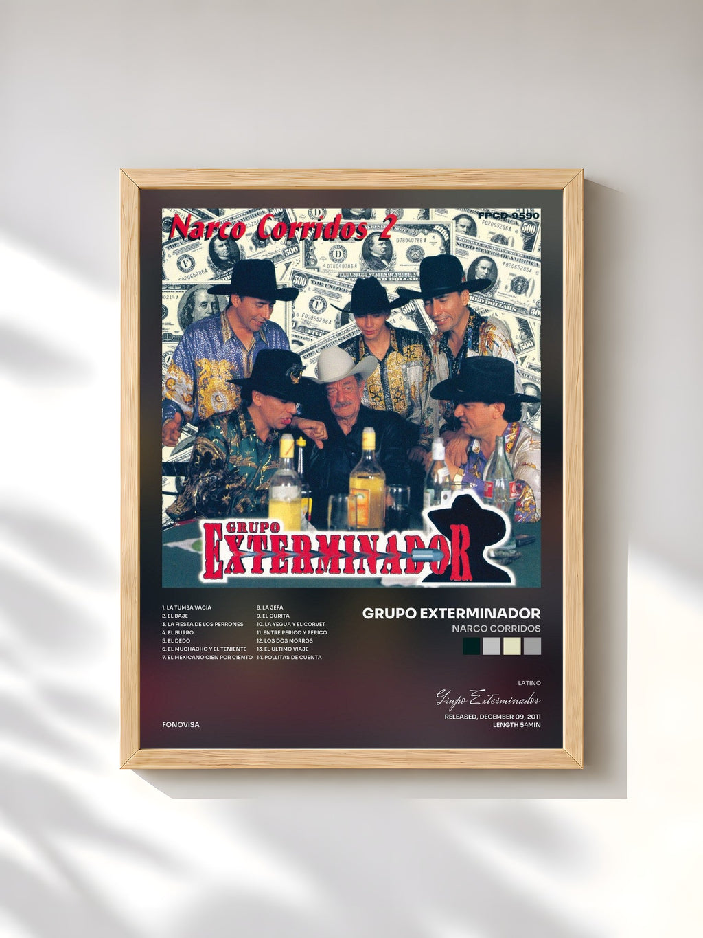 #bois Tableau de l'album Narco Corridos de Grupo Exterminador, cadre en bois brut, imprimé et encadré en France
