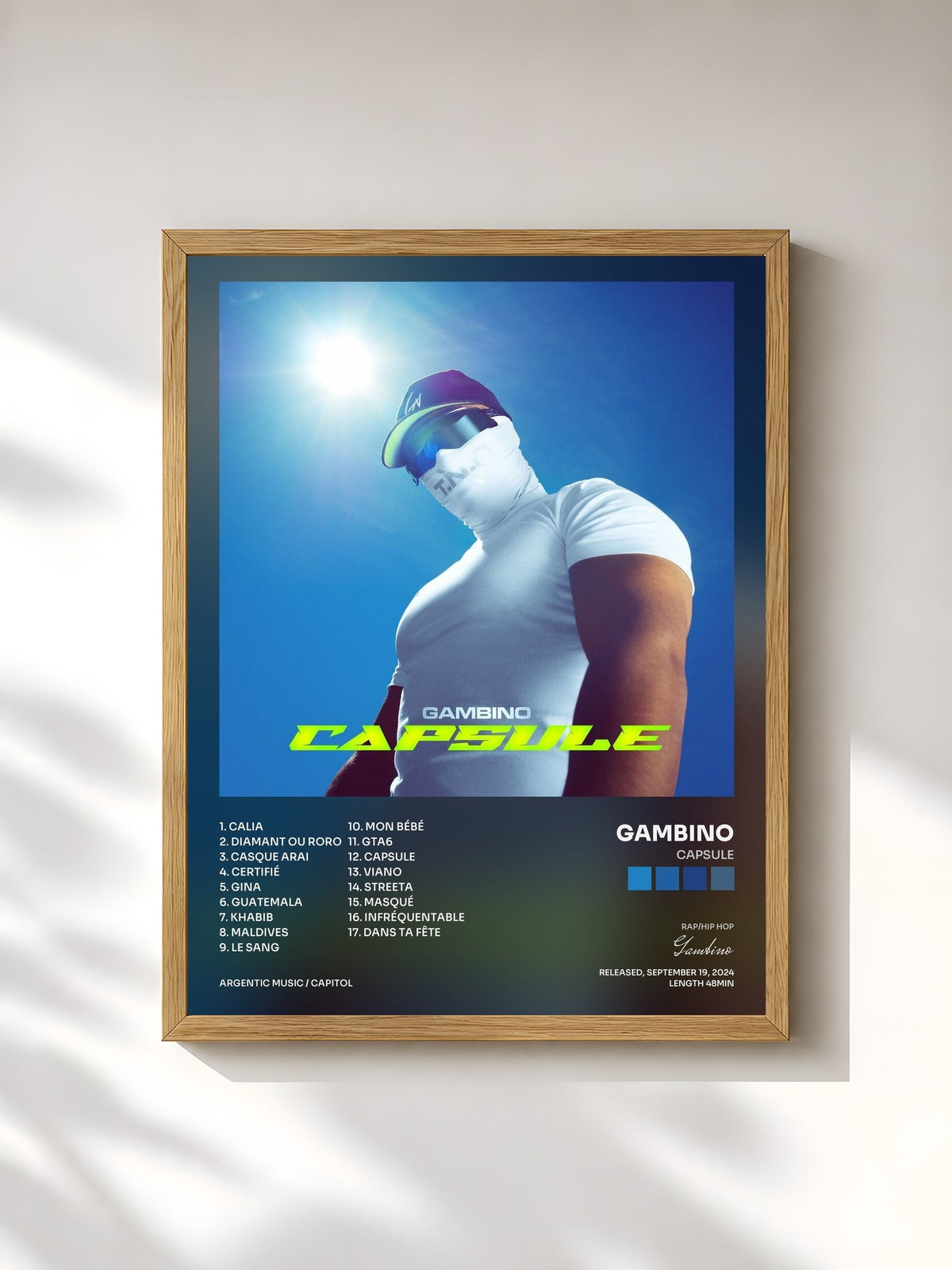 #bois Tableau de l'album CAPSULE de Gambino, cadre en bois brut, imprimé et encadré en France
