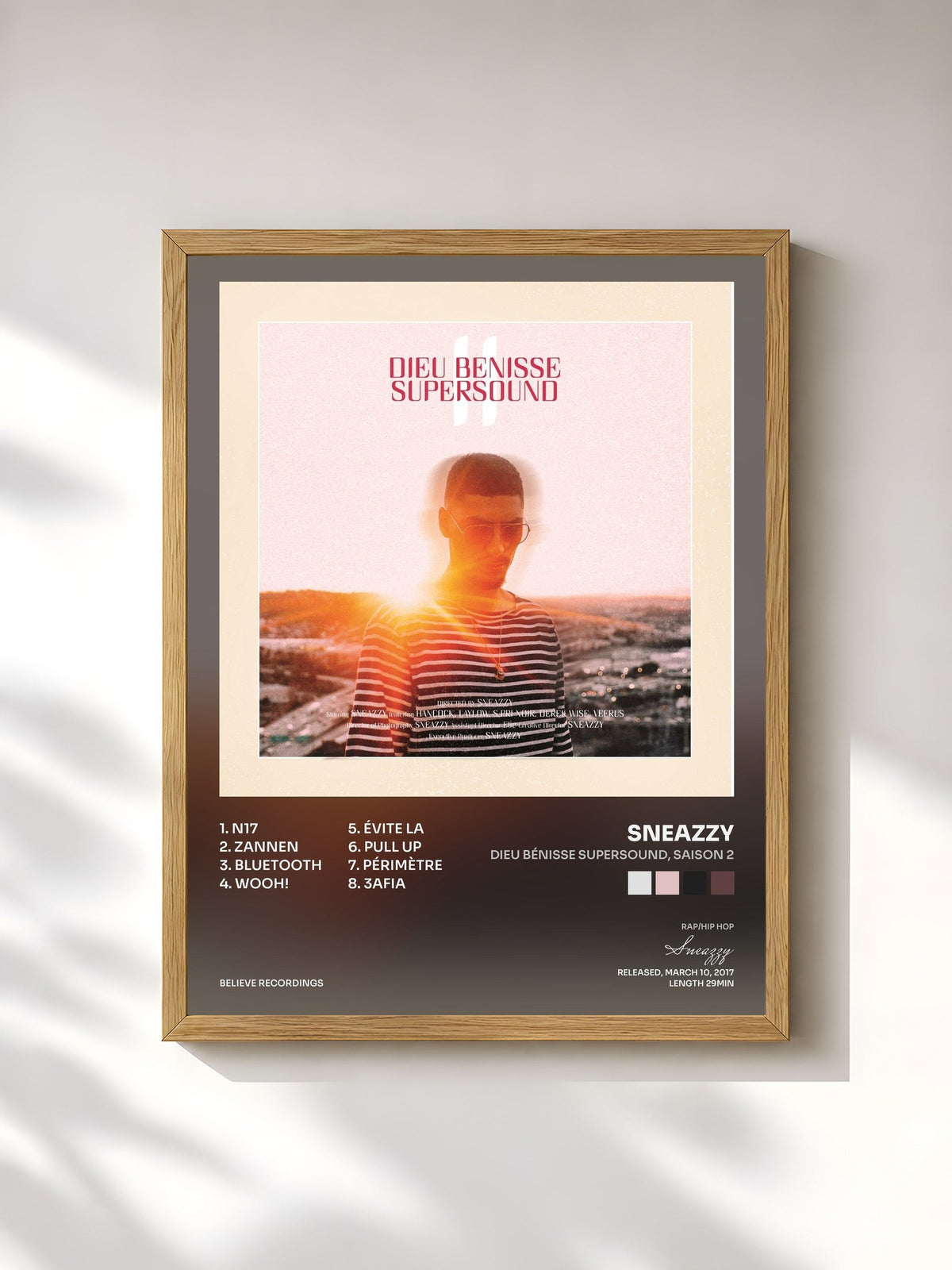 #bois Tableau de l'album Dieu bénisse Supersound, saison 2 de Sneazzy, cadre en bois brut, imprimé et encadré en France