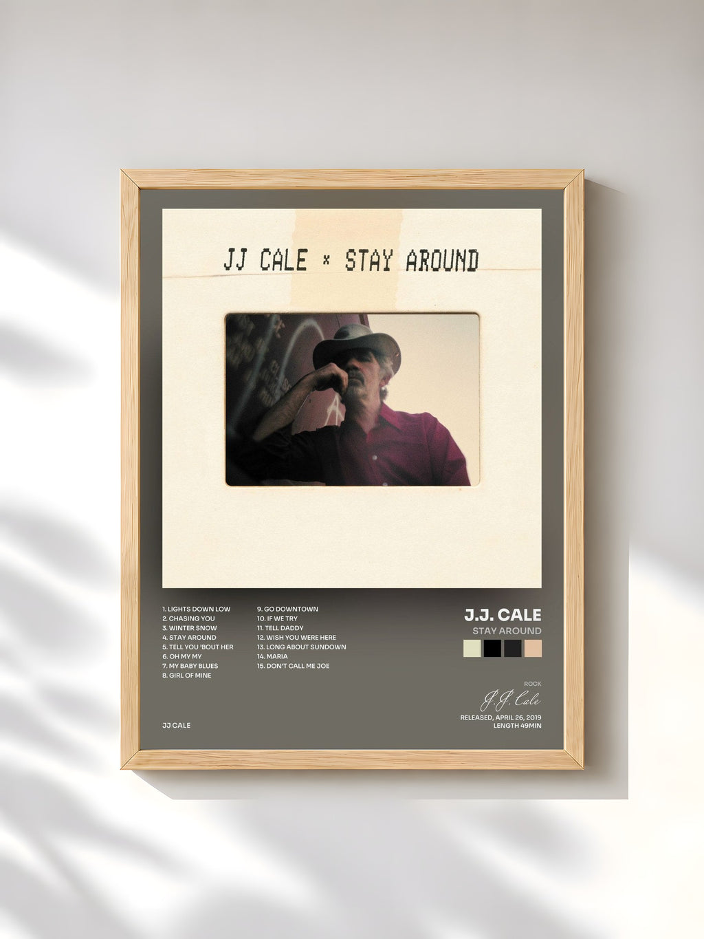 #bois Tableau de l'album Stay Around de J.J. Cale, cadre en bois brut, imprimé et encadré en France