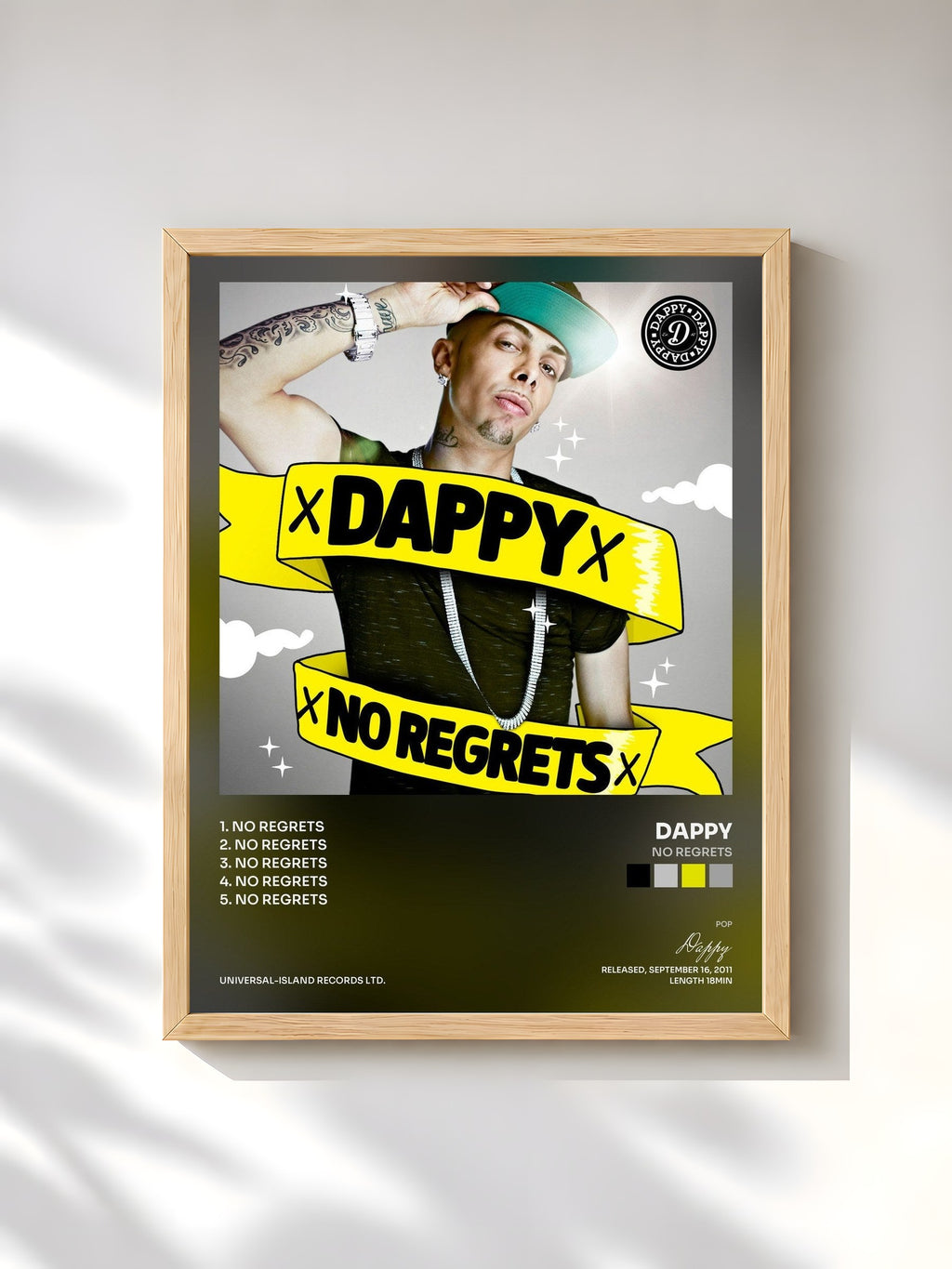 #bois Tableau de l'album No Regrets de Dappy, cadre en bois brut, imprimé et encadré en France