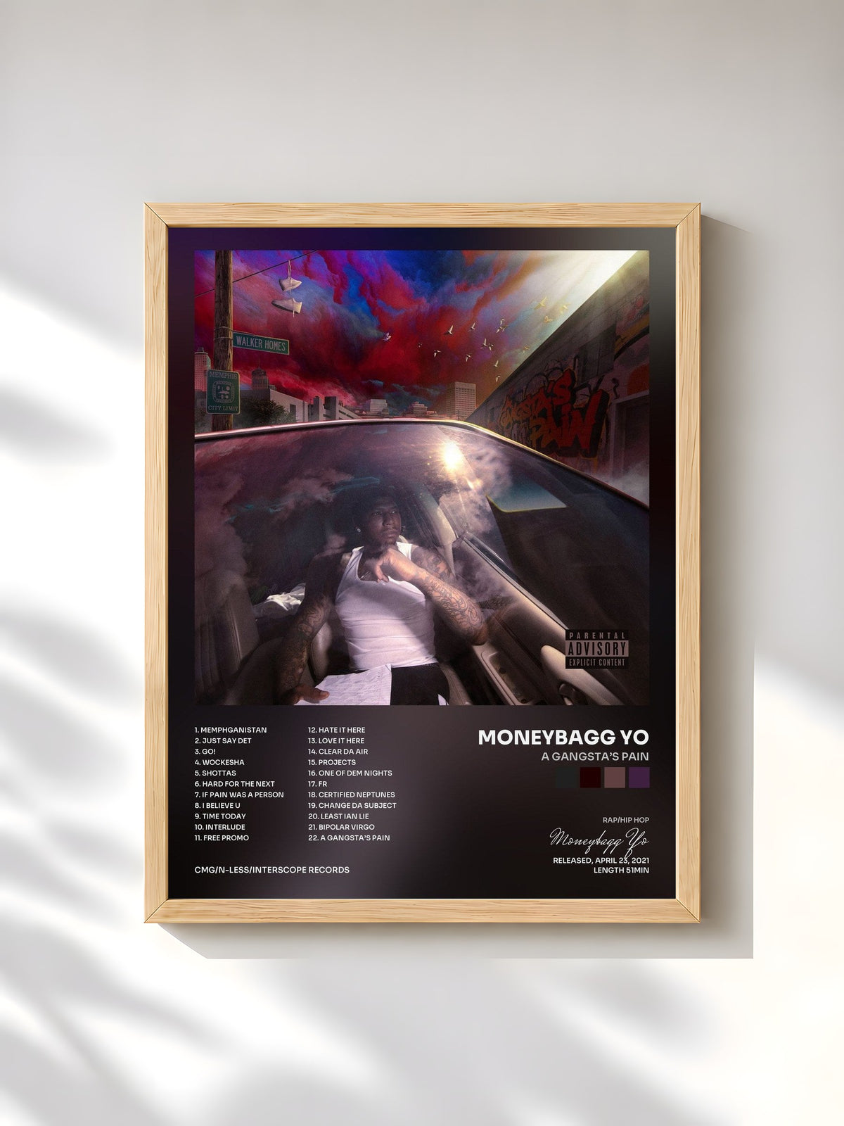 #bois Tableau de l'album A Gangsta’s Pain de Moneybagg Yo, cadre en bois brut, imprimé et encadré en France