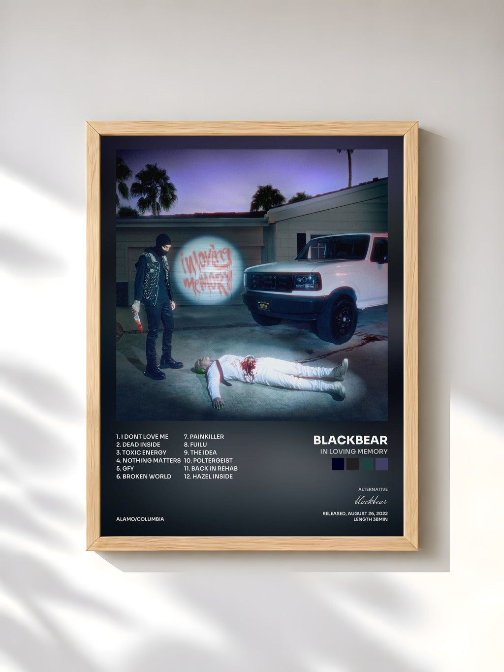 #bois Tableau de l'album in loving memory de blackbear, cadre en bois brut, imprimé et encadré en France