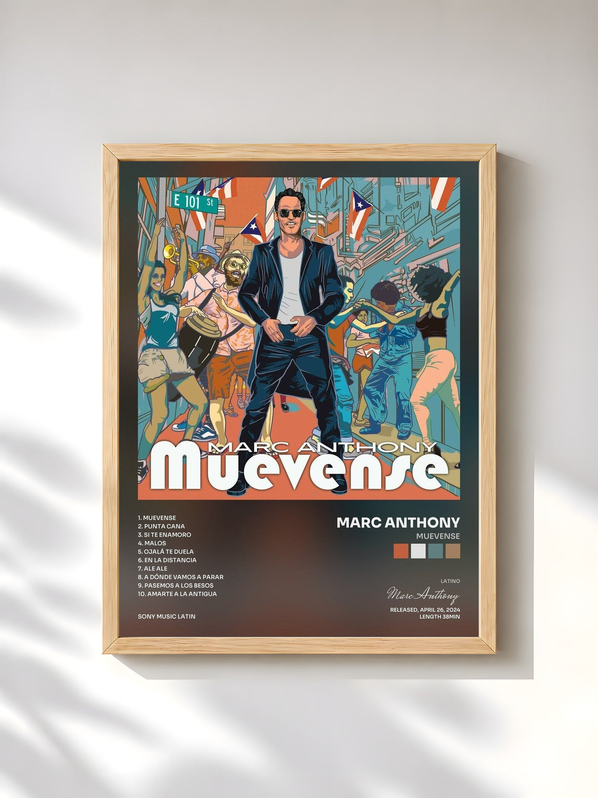 #bois Tableau de l'album MUEVENSE de Marc Anthony, cadre en bois brut, imprimé et encadré en France
