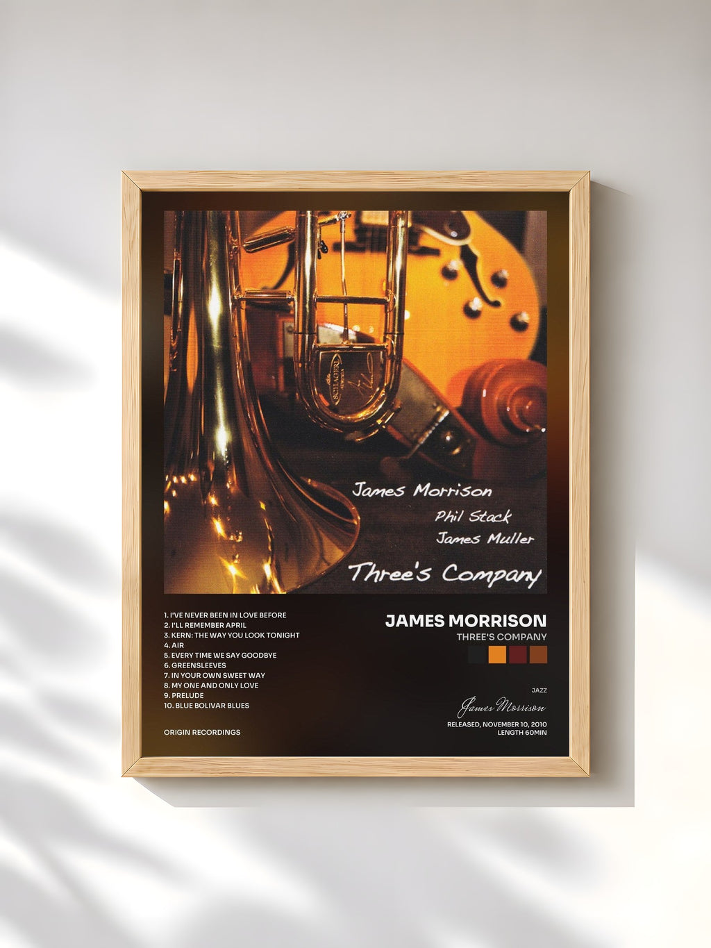 #bois Tableau de l'album Three's Company de James Morrison, cadre en bois brut, imprimé et encadré en France