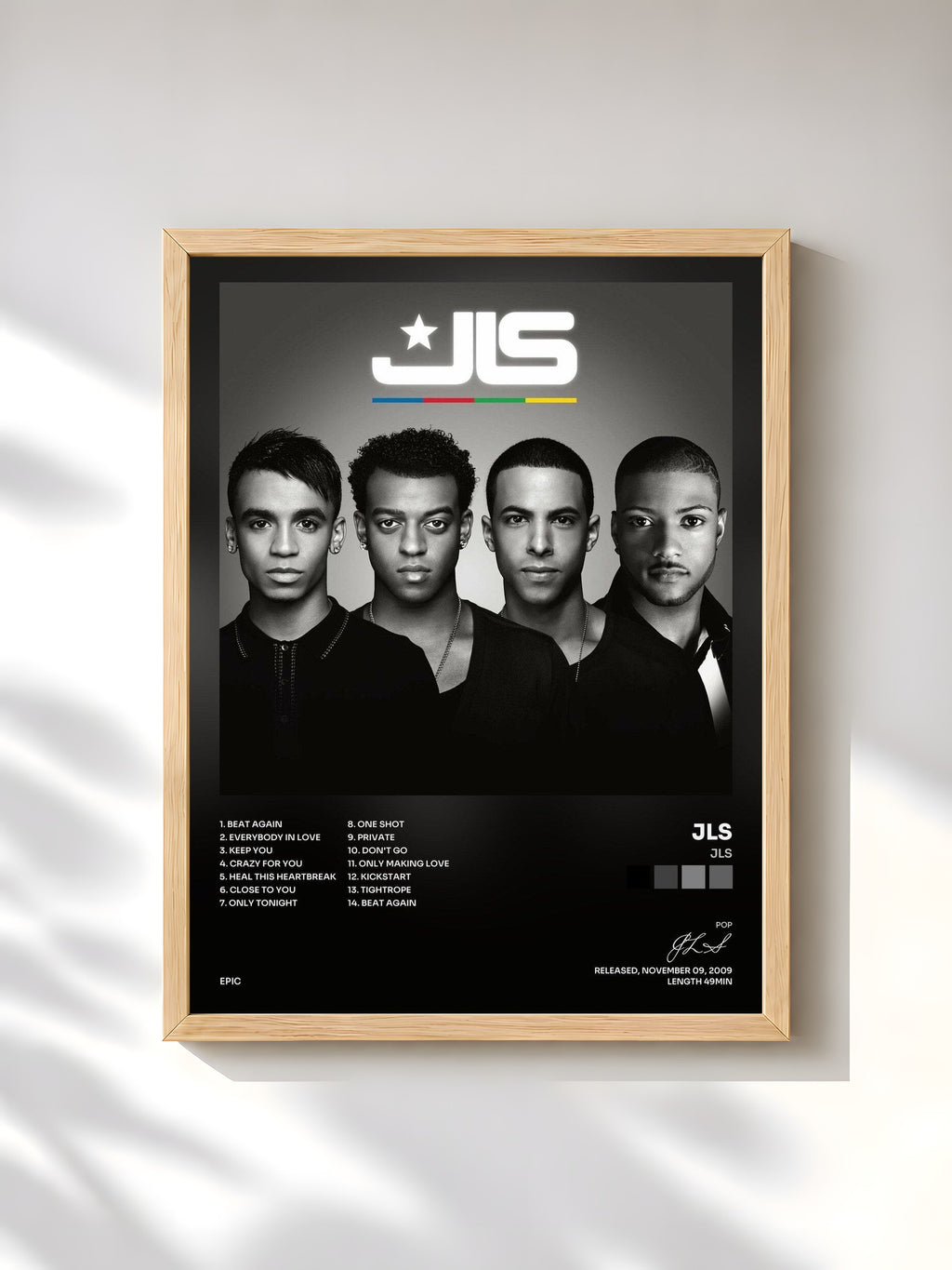 #bois Tableau de l'album JLS de JLS, cadre en bois brut, imprimé et encadré en France