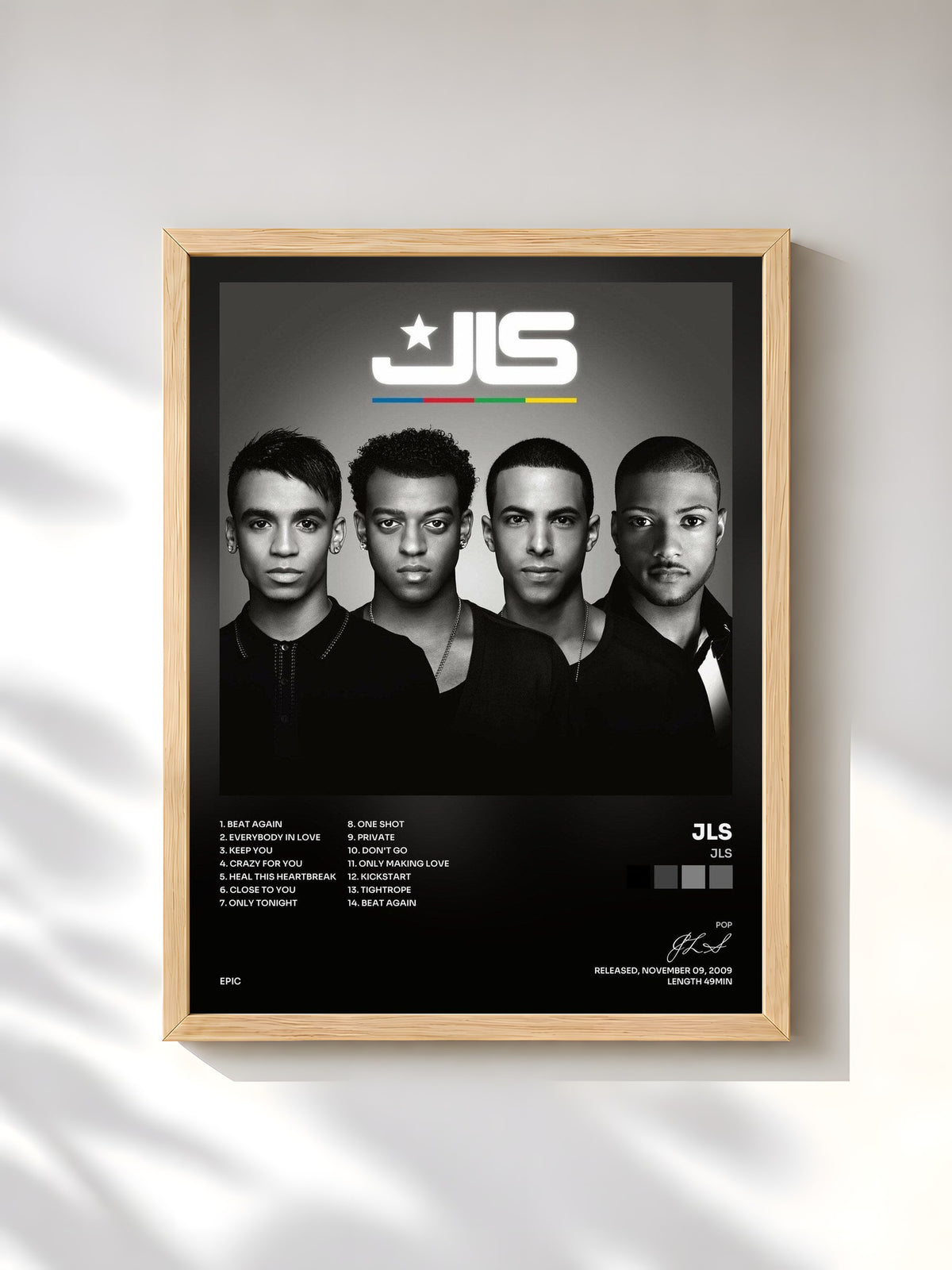 #bois Tableau de l'album JLS de JLS, cadre en bois brut, imprimé et encadré en France