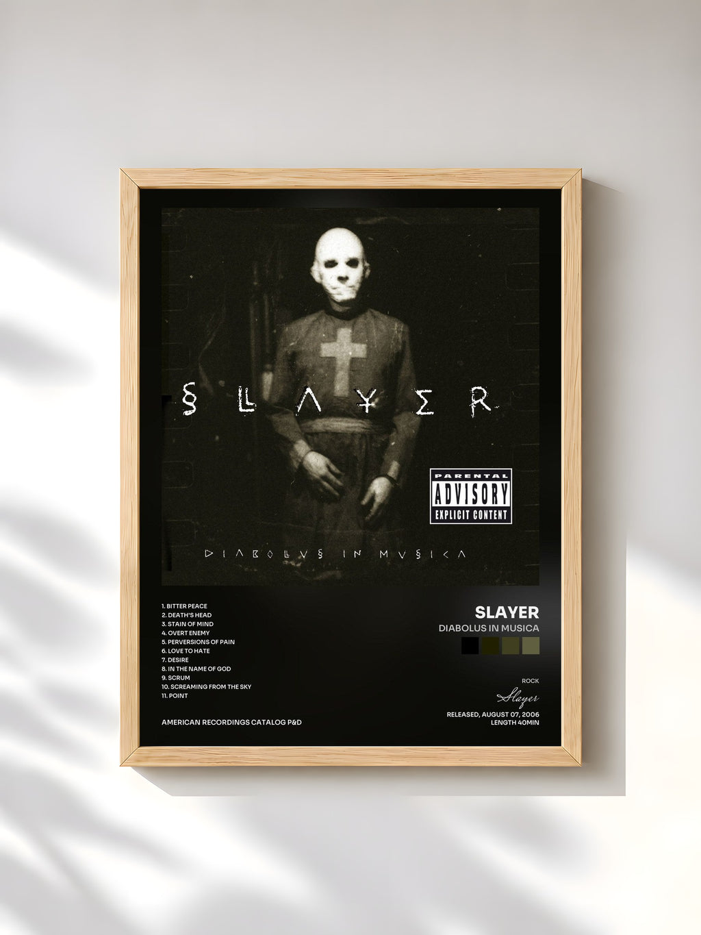 #bois Tableau de l'album Diabolus In Musica de Slayer, cadre en bois brut, imprimé et encadré en France
