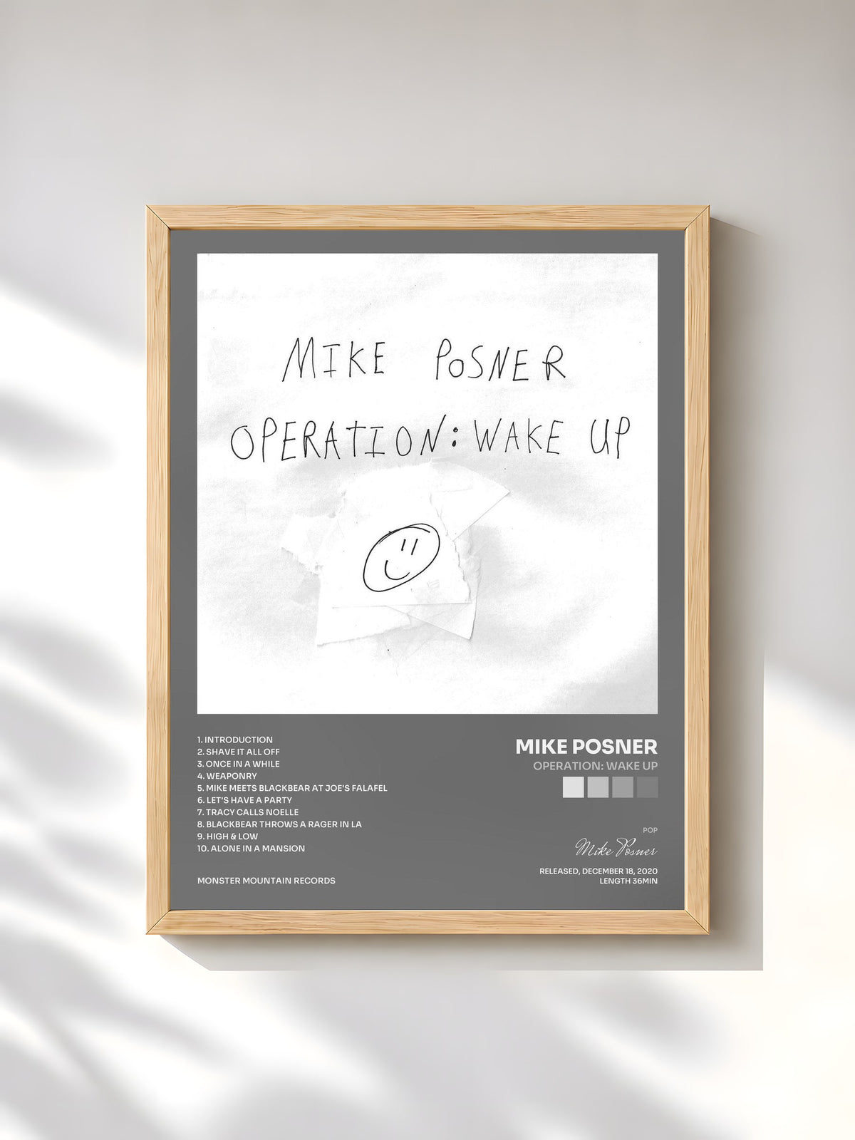 #bois Tableau de l'album Operation: Wake Up de Mike Posner, cadre en bois brut, imprimé et encadré en France