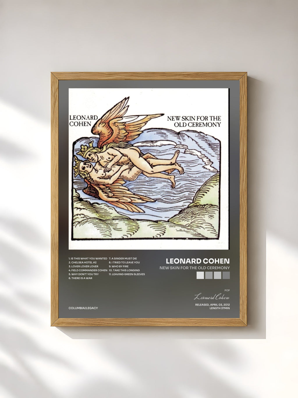 #bois Tableau de l'album New Skin For The Old Ceremony de Leonard Cohen, cadre en bois brut, imprimé et encadré en France