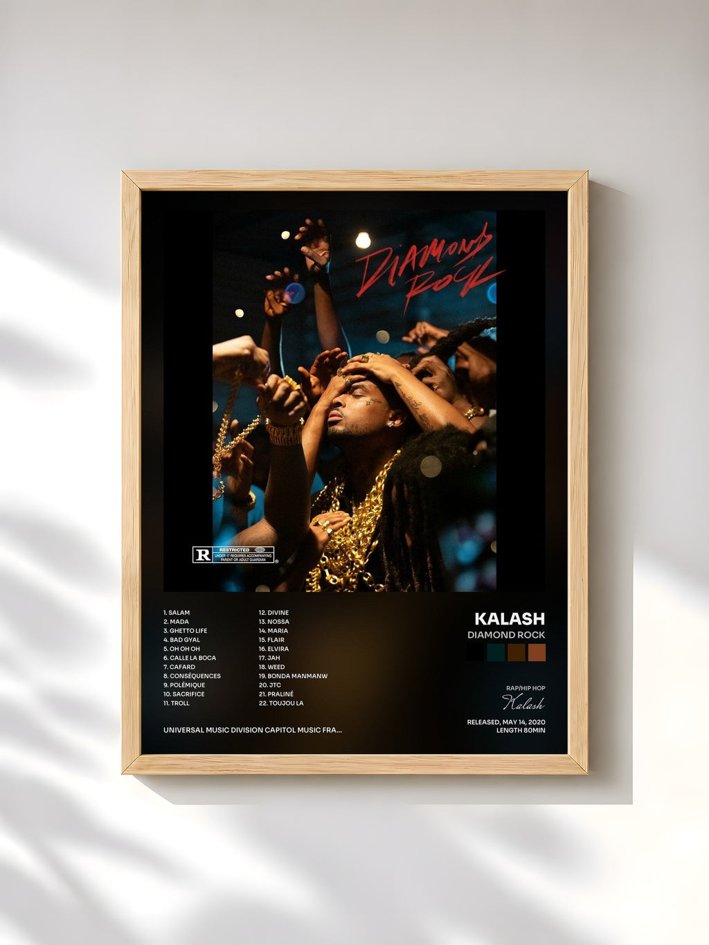 #bois Tableau de l'album Diamond Rock de Kalash, cadre en bois brut, imprimé et encadré en France