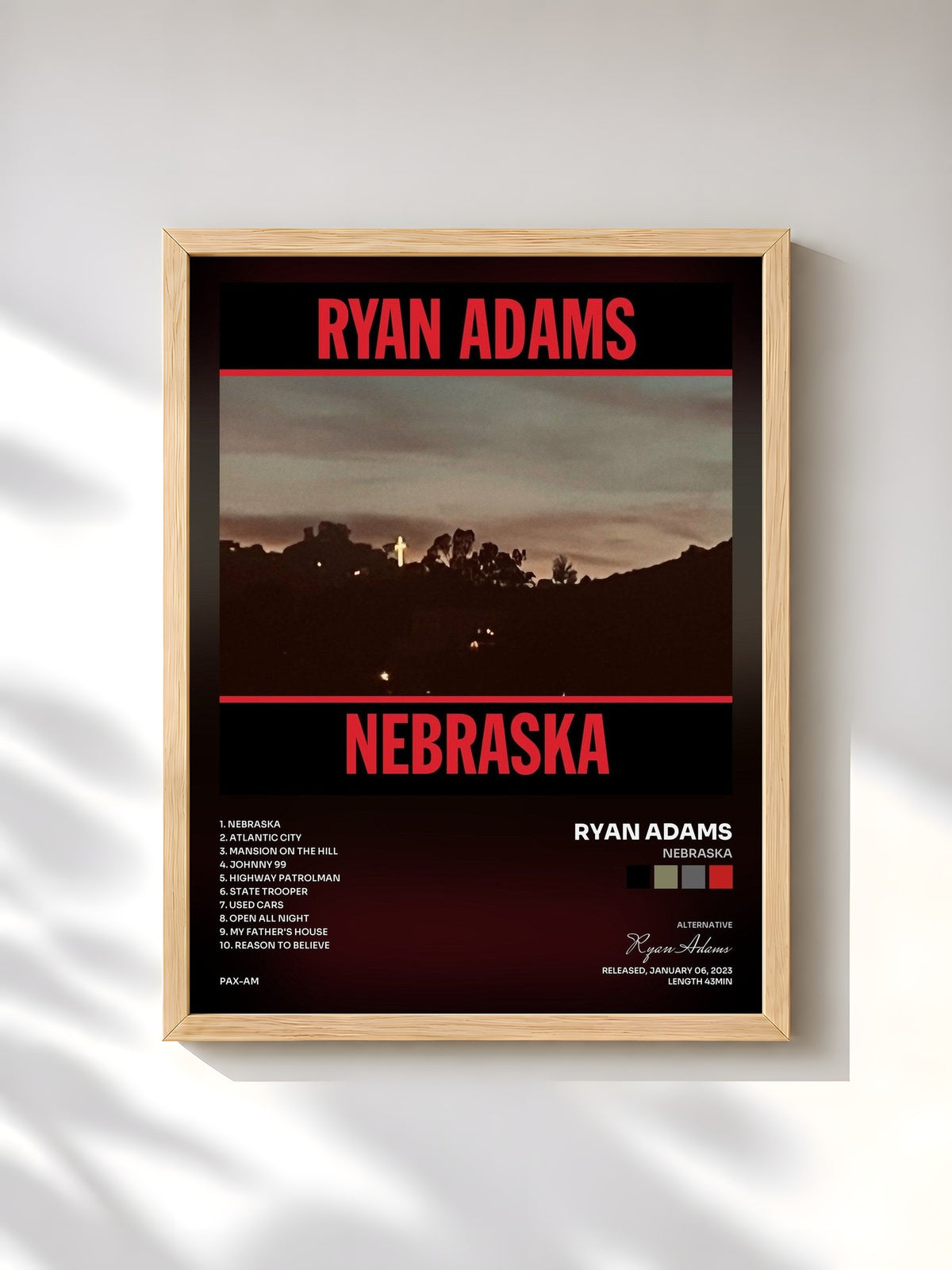 #bois Tableau de l'album Nebraska de Ryan Adams, cadre en bois brut, imprimé et encadré en France