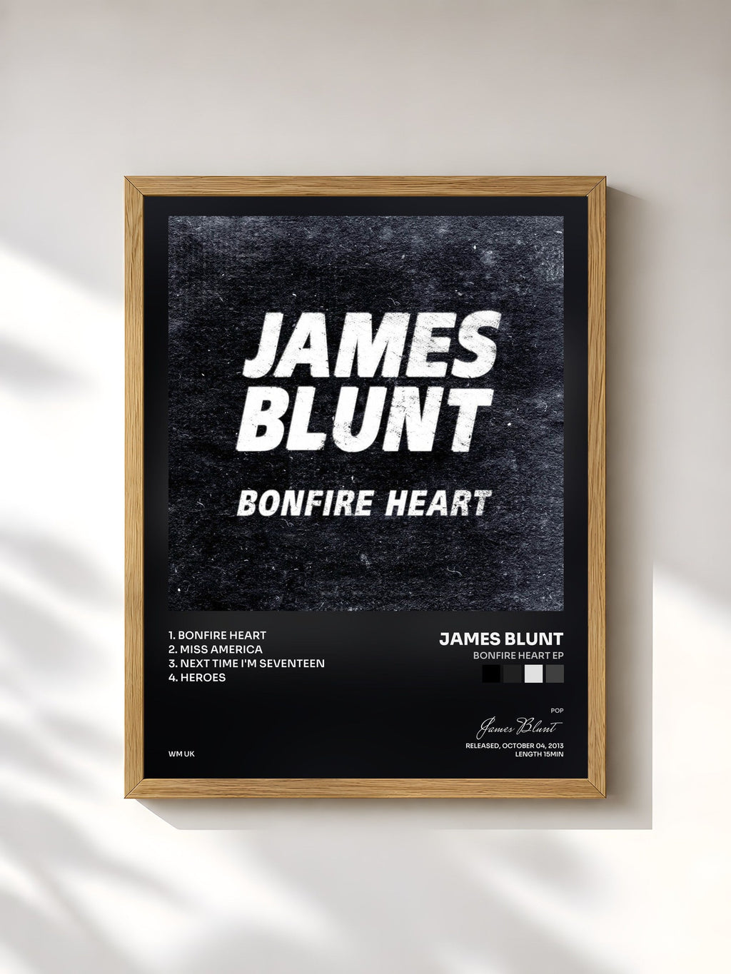 #bois Tableau de l'album Bonfire Heart EP de James Blunt, cadre en bois brut, imprimé et encadré en France