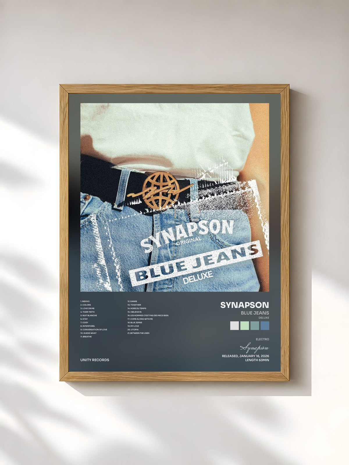 #bois Tableau de l'album Blue Jeans (Deluxe) de Synapson, cadre en bois brut, imprimé et encadré en France