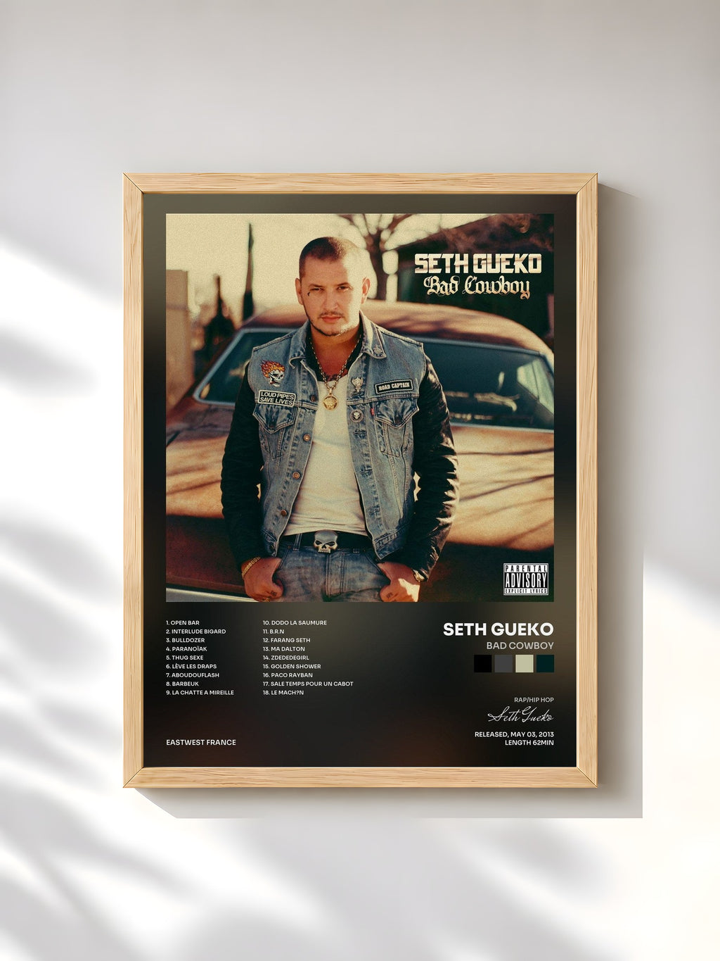 #bois Tableau de l'album Bad Cowboy de Seth Gueko, cadre en bois brut, imprimé et encadré en France