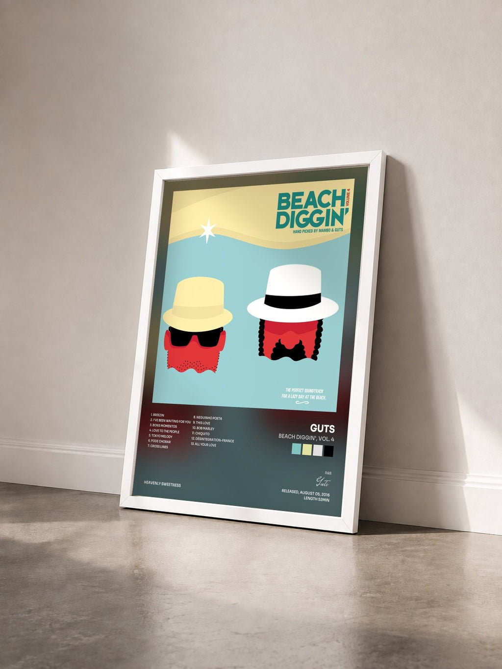 #blanc Tableau de l'album Beach Diggin', Vol. 4 de Guts vu de trois quarts, cadre blanc