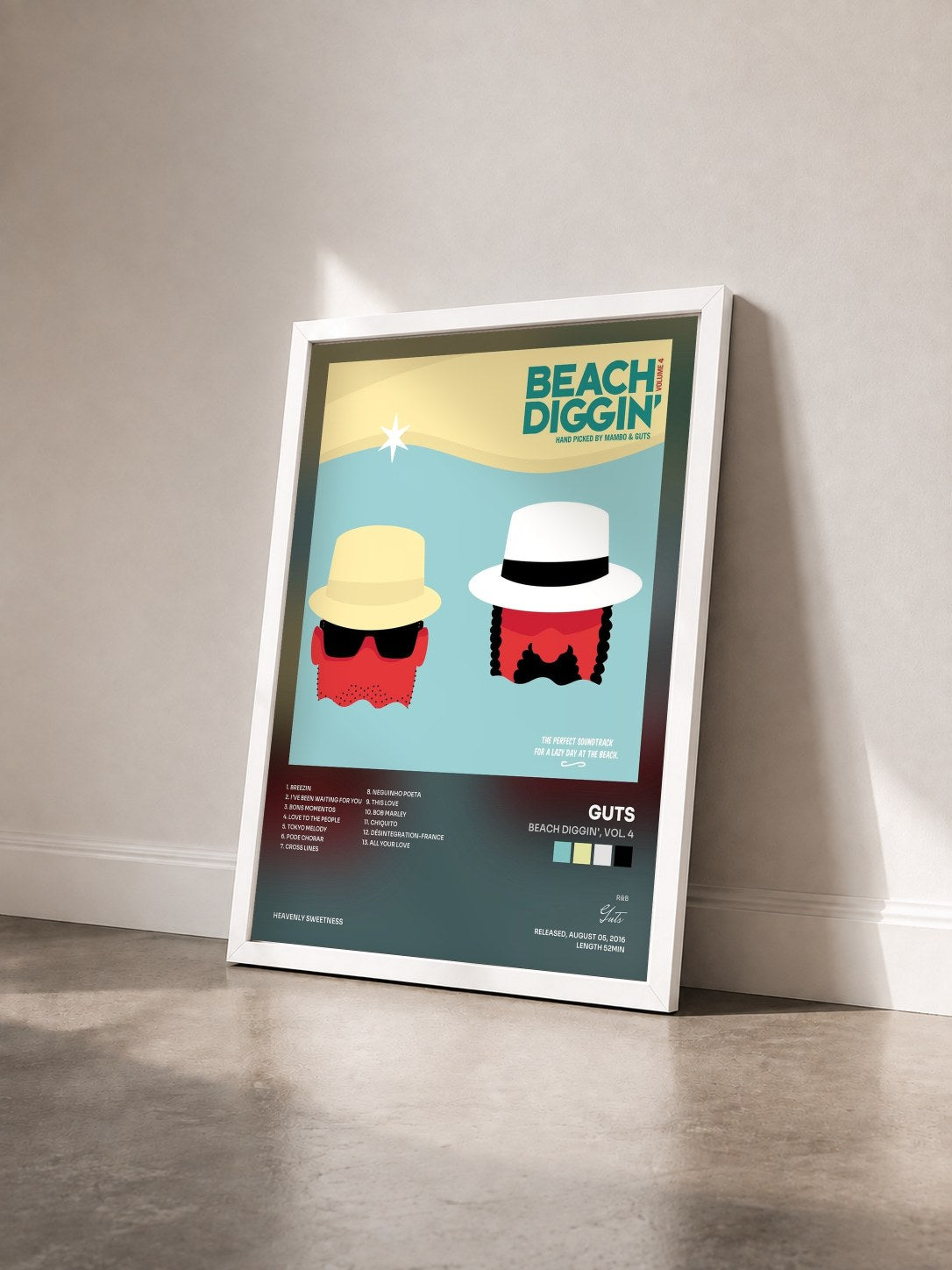 #blanc Tableau de l'album Beach Diggin', Vol. 4 de Guts vu de trois quarts, cadre blanc