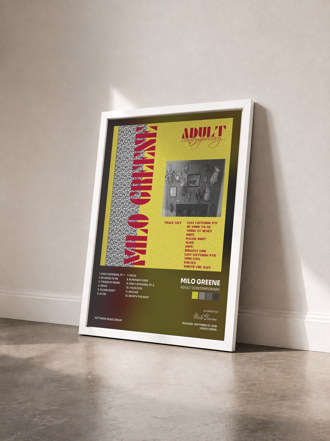 #blanc Tableau de l'album Adult Contemporary de Milo Greene vu de trois quarts, cadre blanc