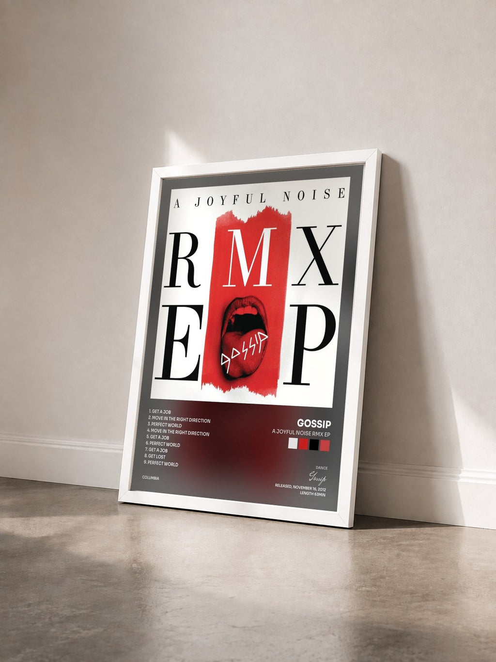 #blanc Tableau de l'album A Joyful Noise RMX EP de Gossip vu de trois quarts, cadre blanc