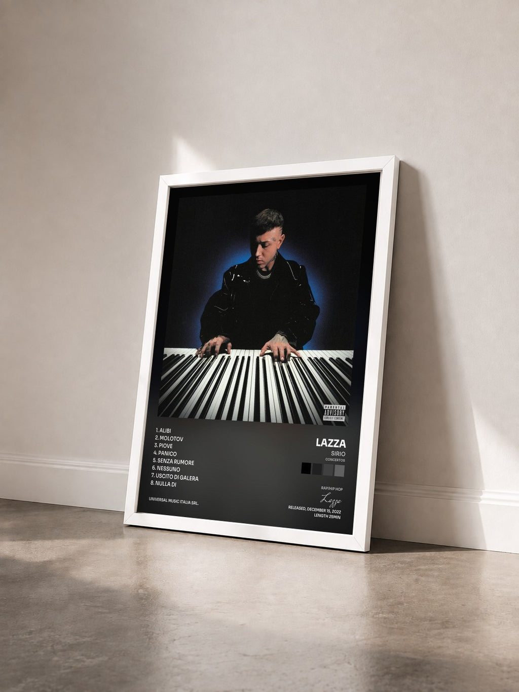 #blanc Tableau de l'album SIRIO (Concertos) de Lazza vu de trois quarts, cadre blanc