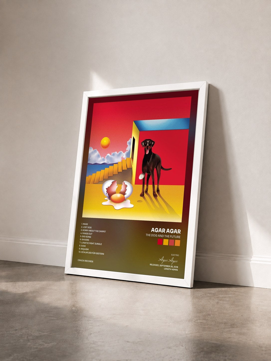 #blanc Tableau de l'album The Dog and the Future de Agar Agar vu de trois quarts, cadre blanc
