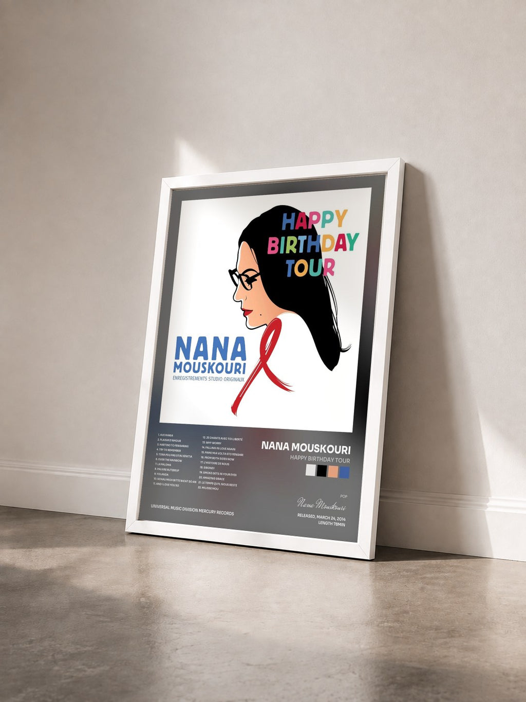 #blanc Tableau de l'album Happy Birthday Tour de Nana Mouskouri vu de trois quarts, cadre blanc