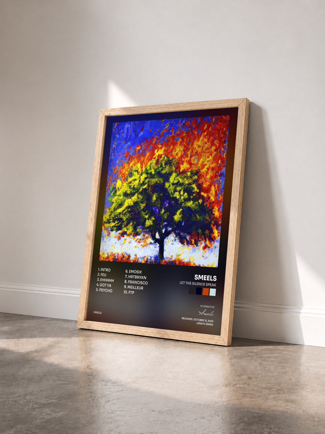 #bois Tableau de l'album LET THE SILENCE SPEAK de Smeels vu de trois quarts, cadre en bois brut