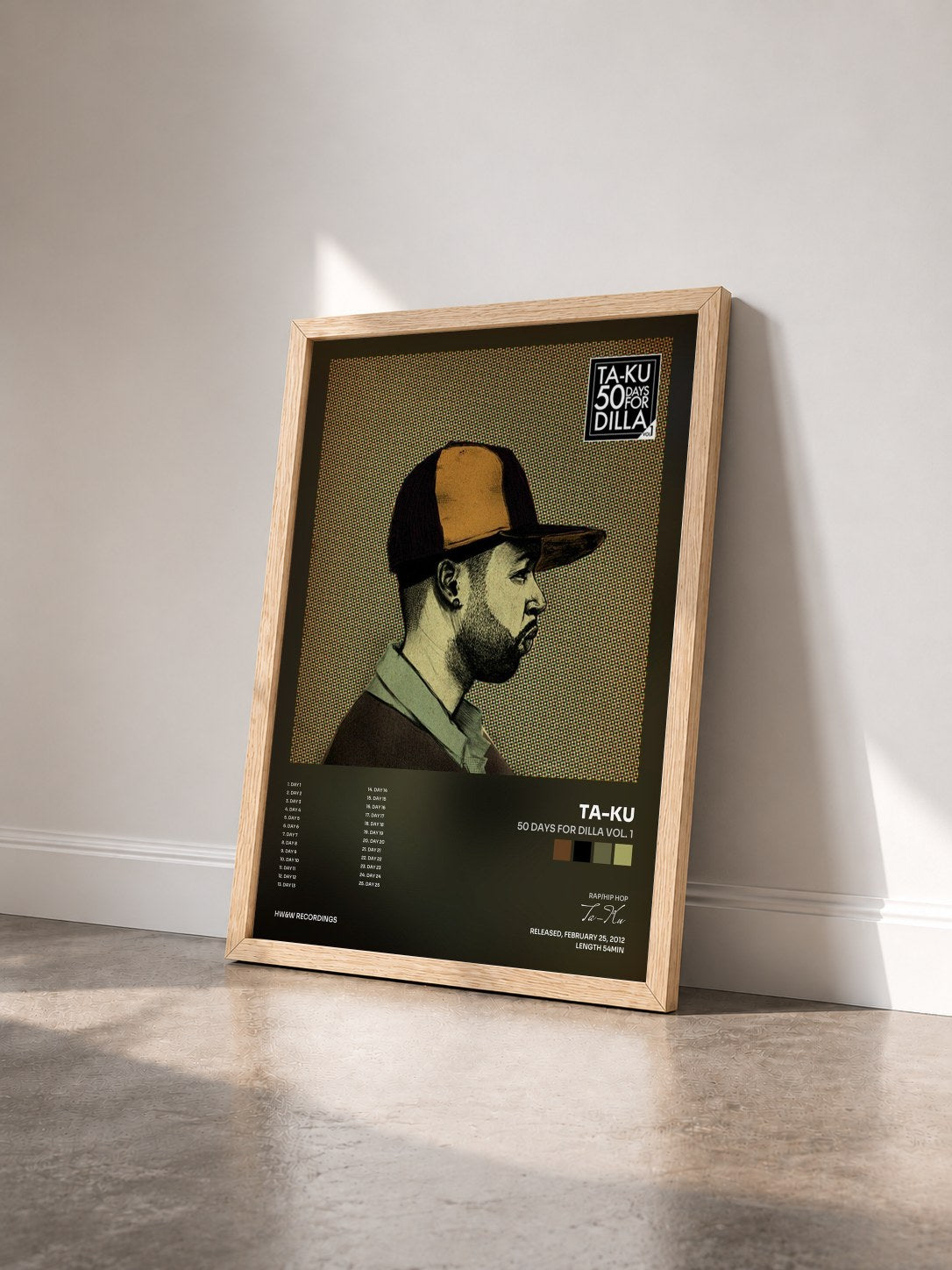 #bois Tableau de l'album 50 Days For Dilla Vol. 1 de Ta-Ku vu de trois quarts, cadre en bois brut