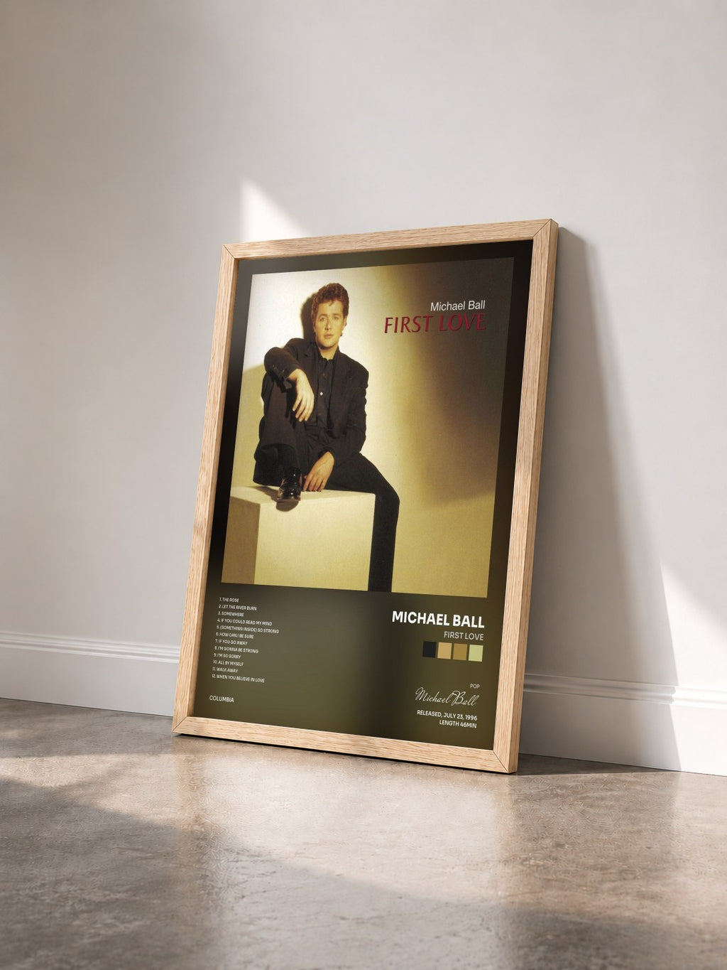 #bois Tableau de l'album First Love de Michael Ball vu de trois quarts, cadre en bois brut