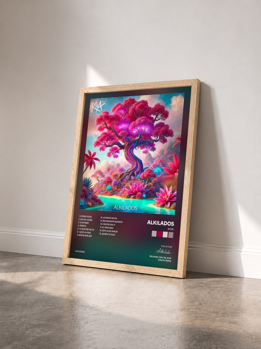 #bois Tableau de l'album KOA de Alkilados vu de trois quarts, cadre en bois brut