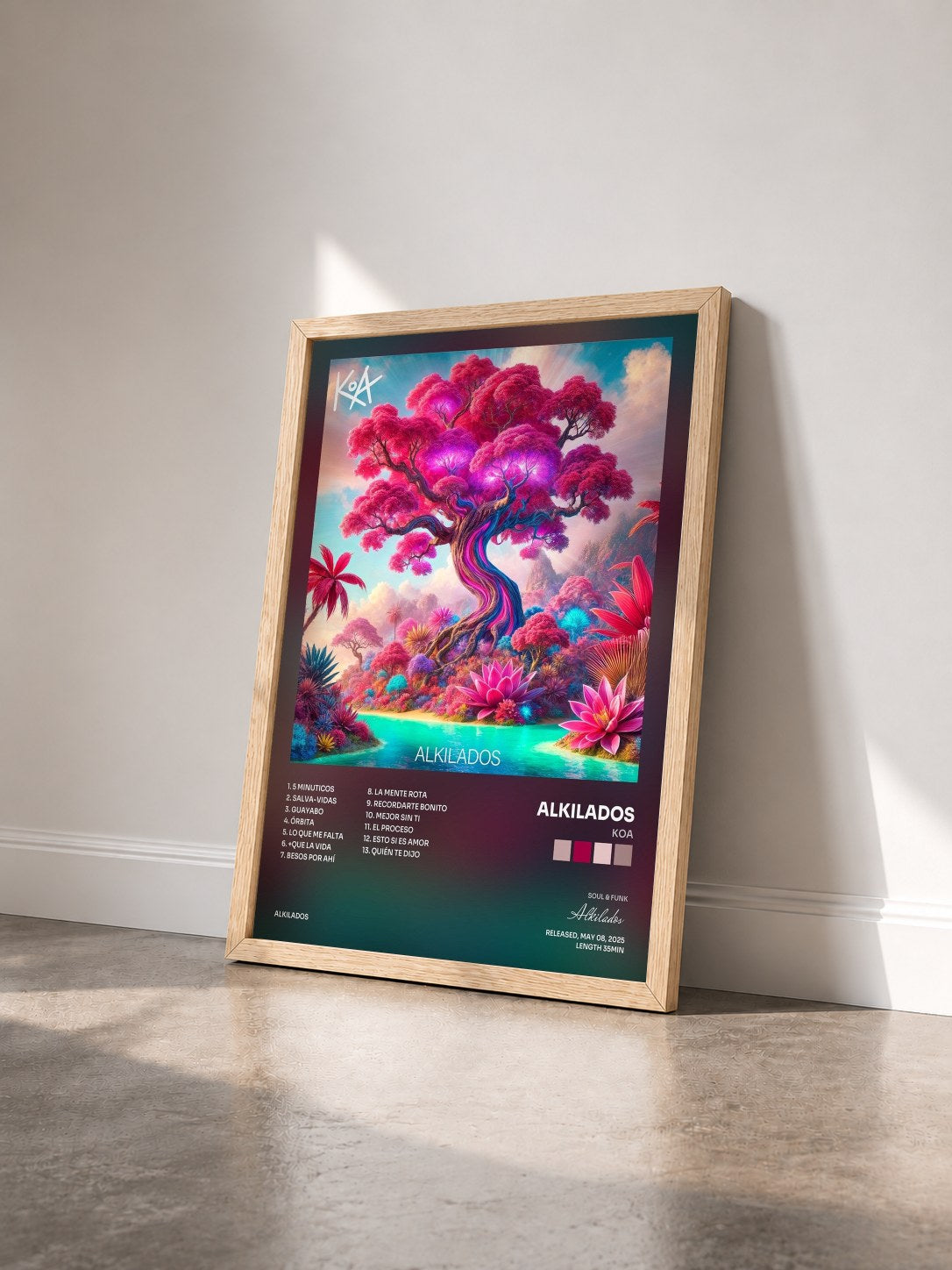#bois Tableau de l'album KOA de Alkilados vu de trois quarts, cadre en bois brut