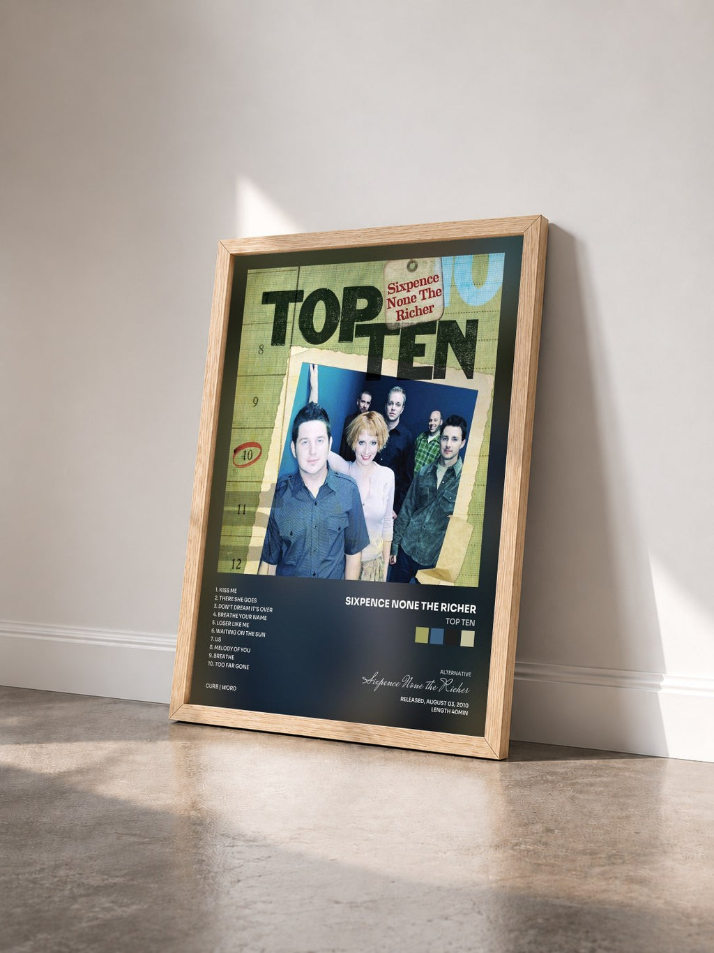 #bois Tableau de l'album Top Ten de Sixpence None the Richer vu de trois quarts, cadre en bois brut