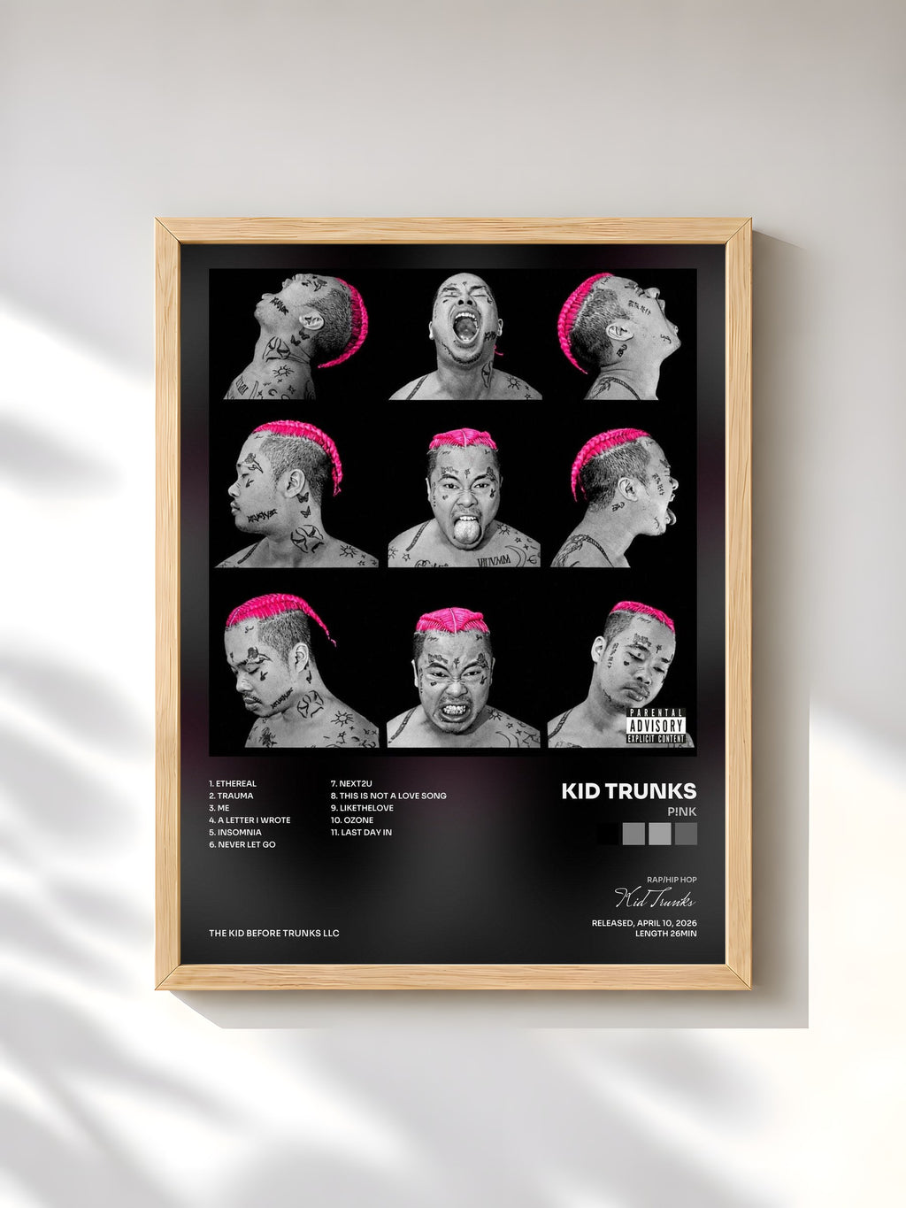 #bois Tableau de l'album P!NK de Kid Trunks, cadre en bois brut, imprimé et encadré en France