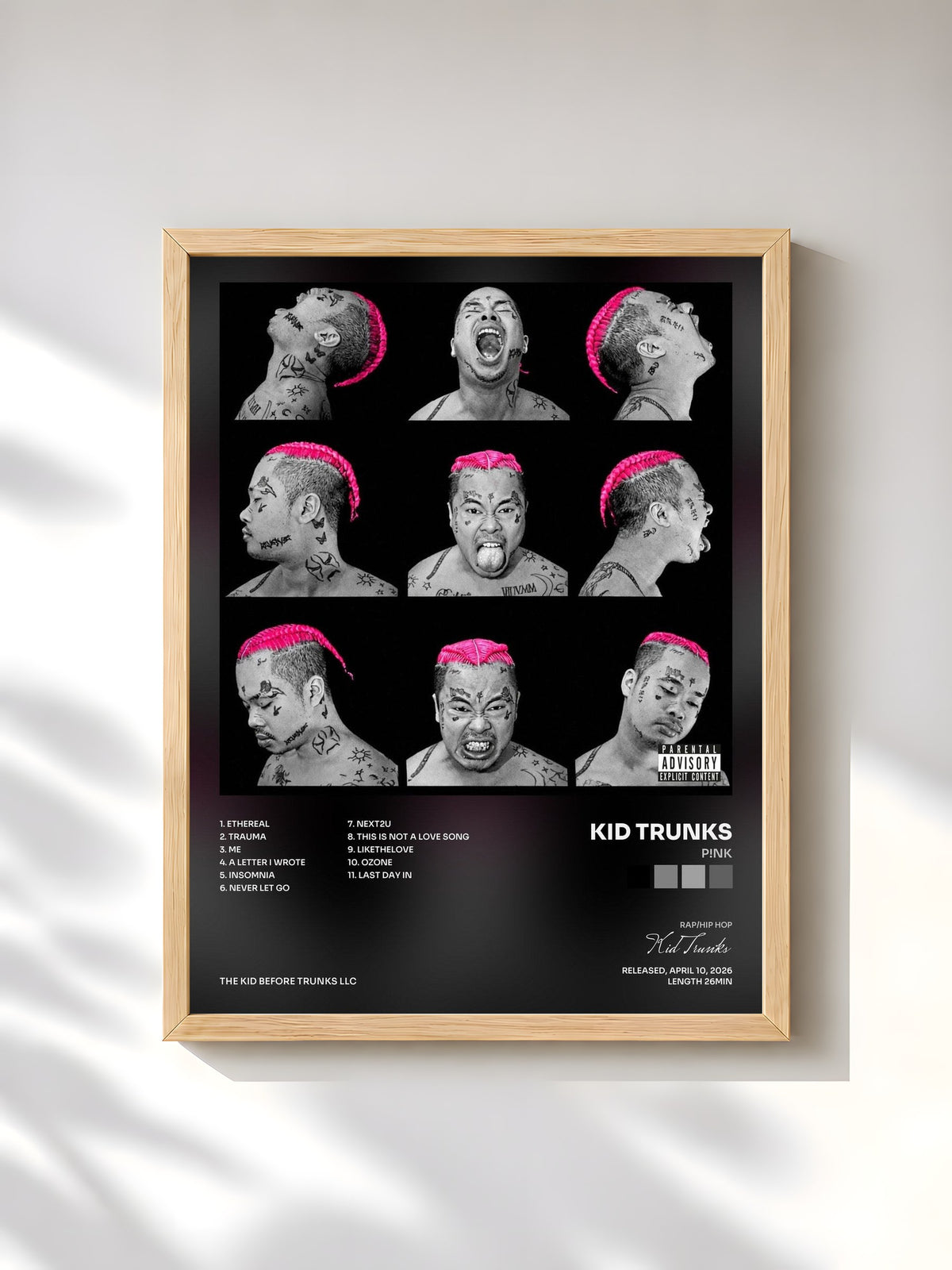 #bois Tableau de l'album P!NK de Kid Trunks, cadre en bois brut, imprimé et encadré en France