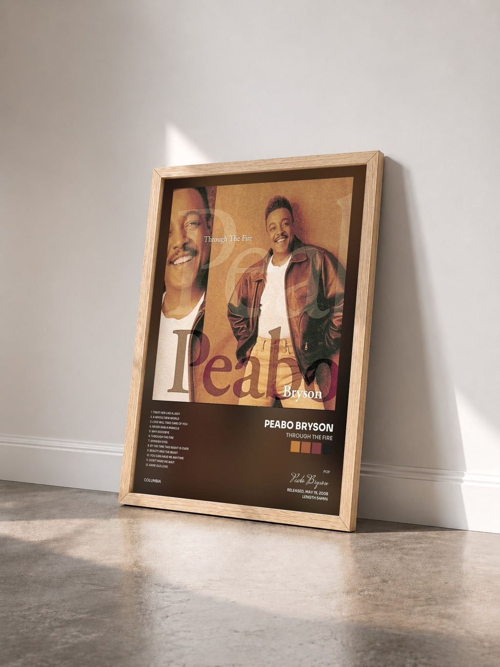#bois Tableau de l'album Through The Fire de Peabo Bryson vu de trois quarts, cadre en bois brut